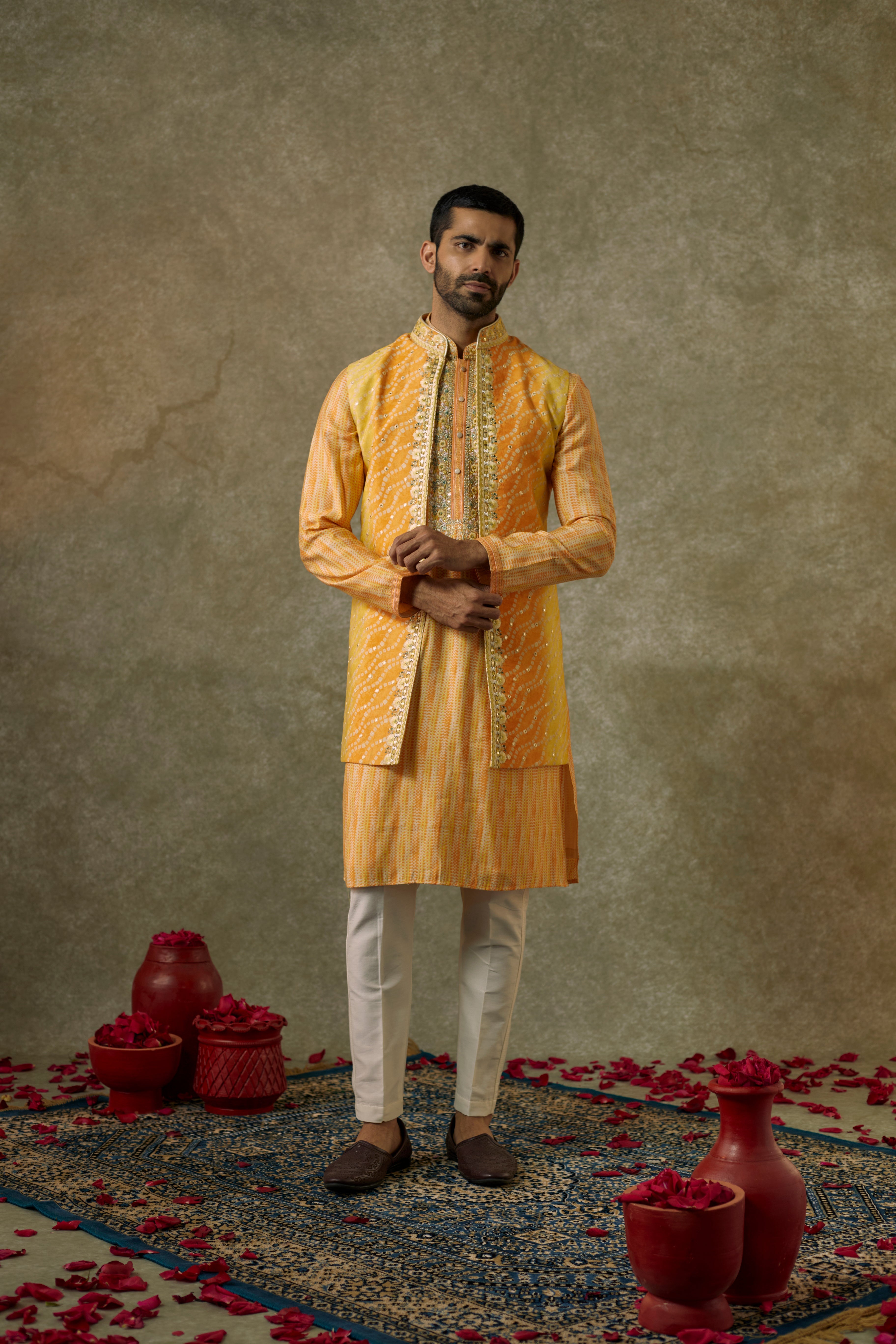 Vivid Yellow  printed Splendid silk  resham and embroidered Open  kurta Jacket  set