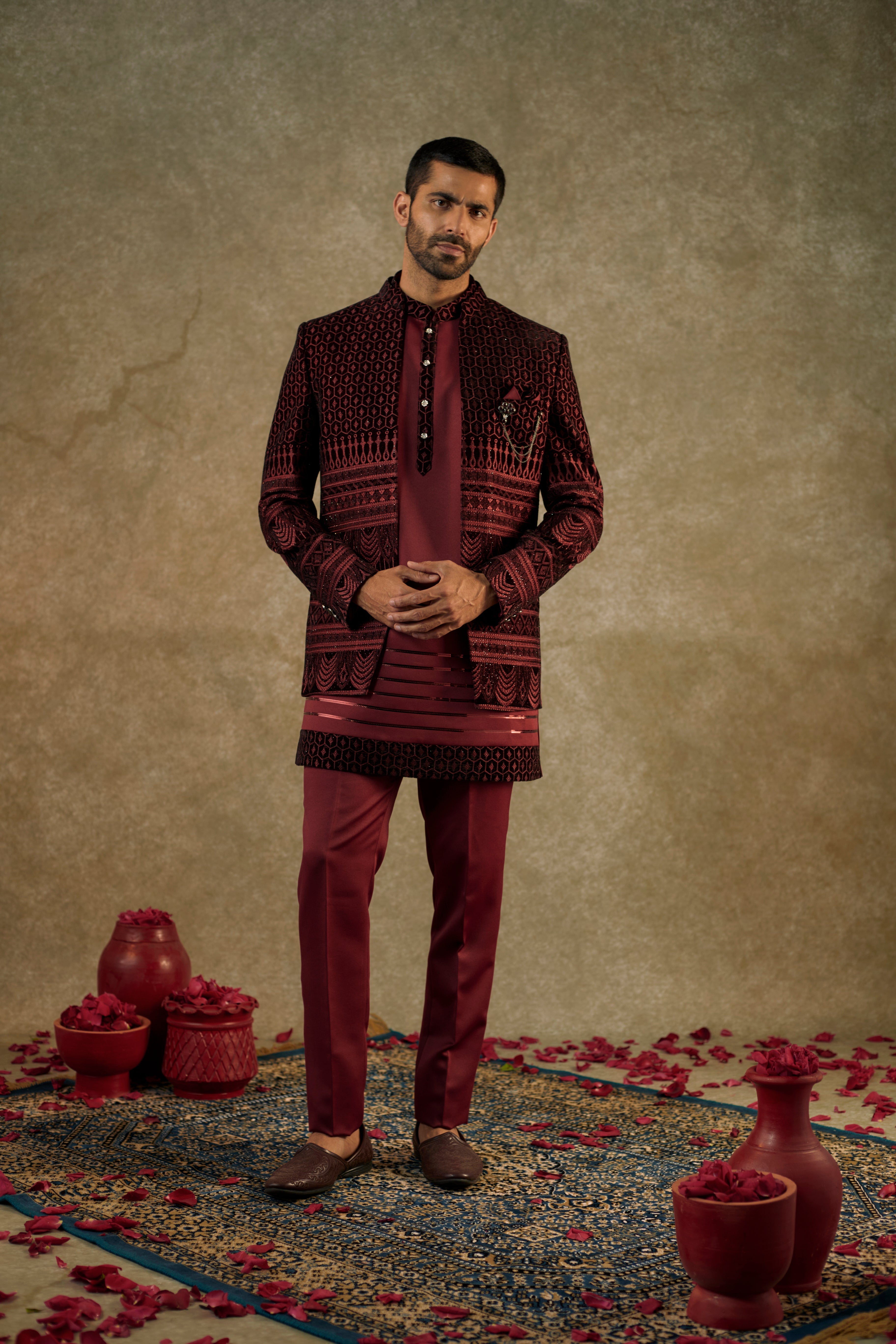 Garnet Red Satin silk and Velevt Embroidery Open indo western set