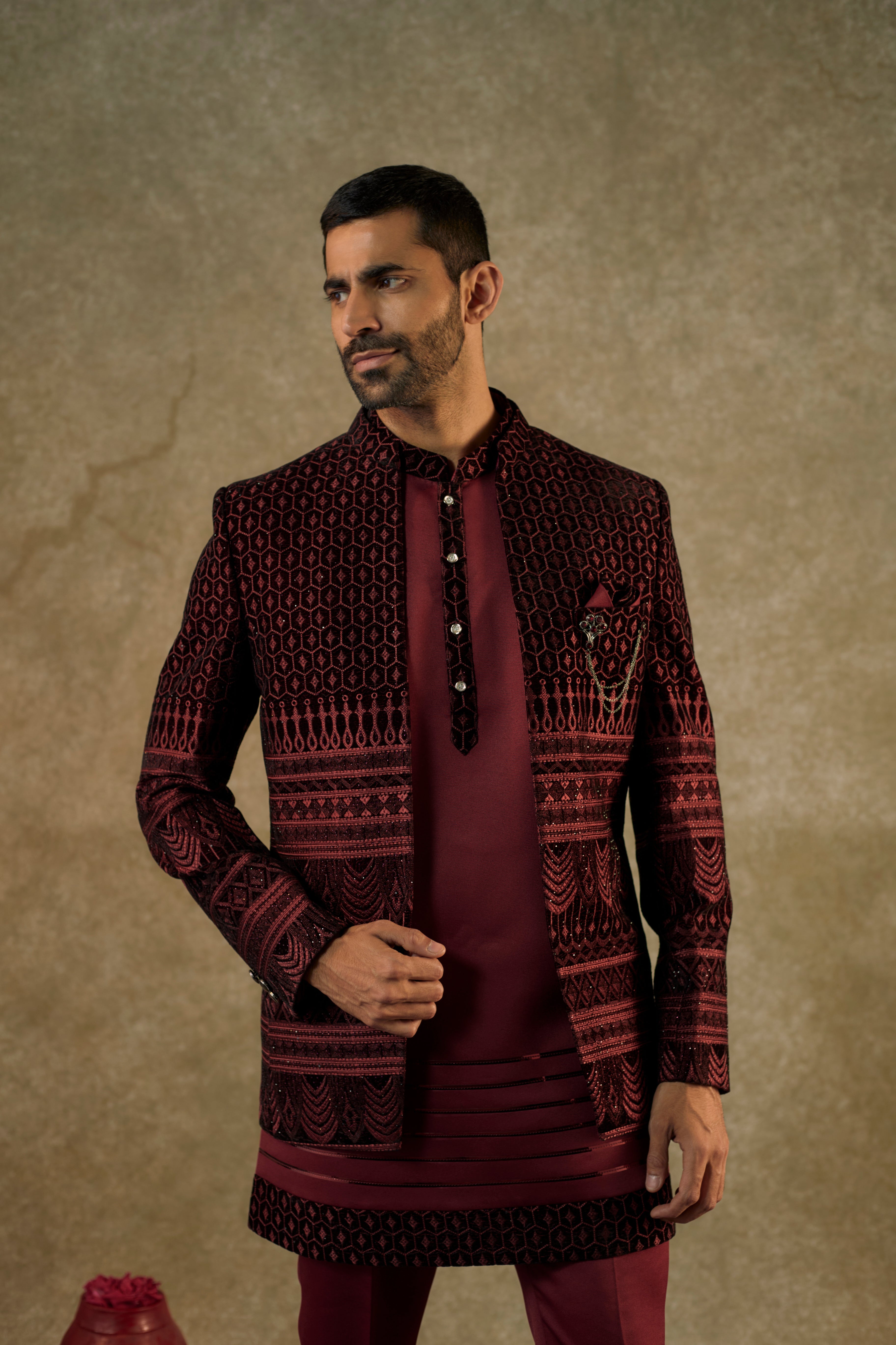 Garnet Red Satin silk and Velevt Embroidery Open indo western set