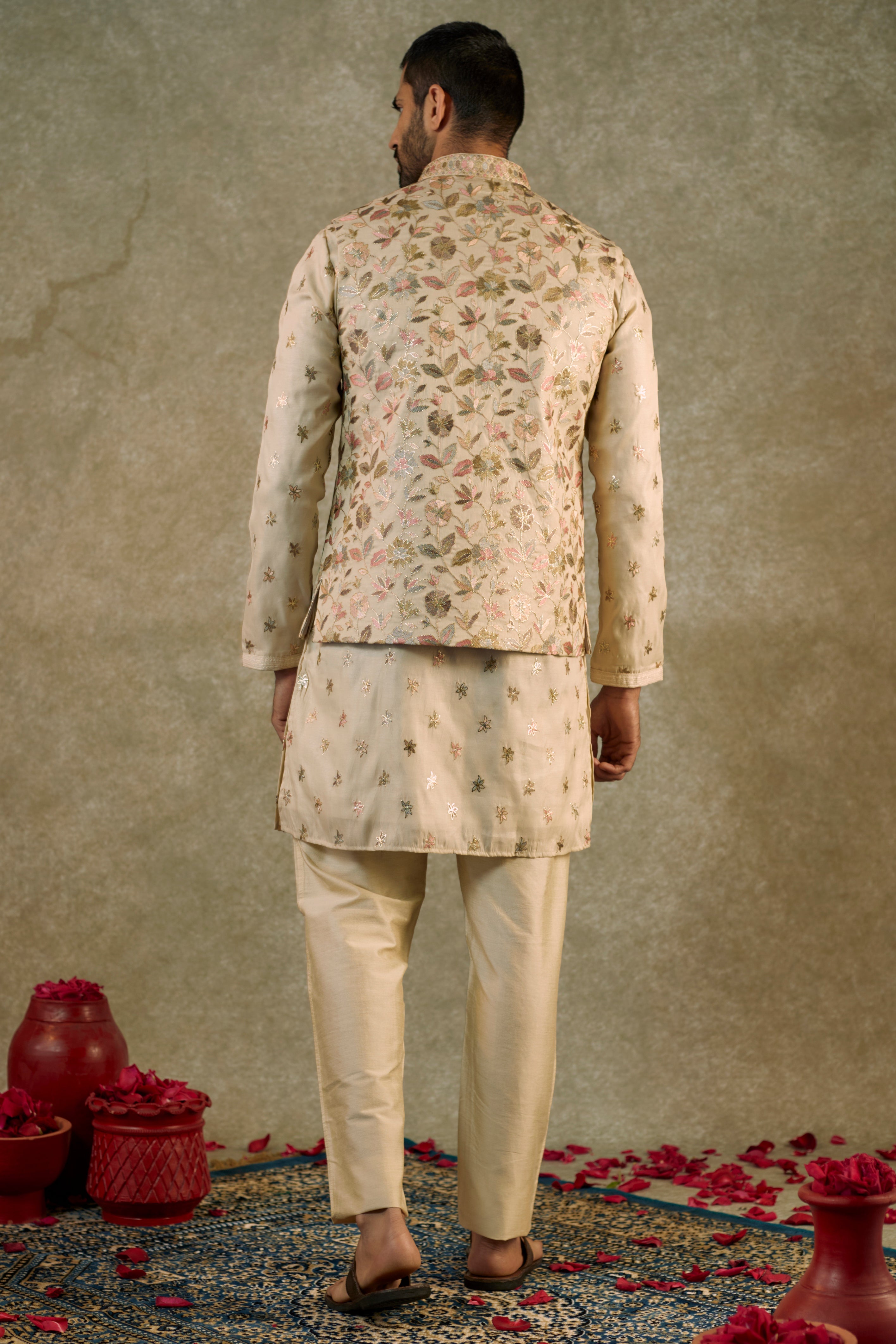 Granola Cream  Cream Chanderi silk resham Kurta jacket set