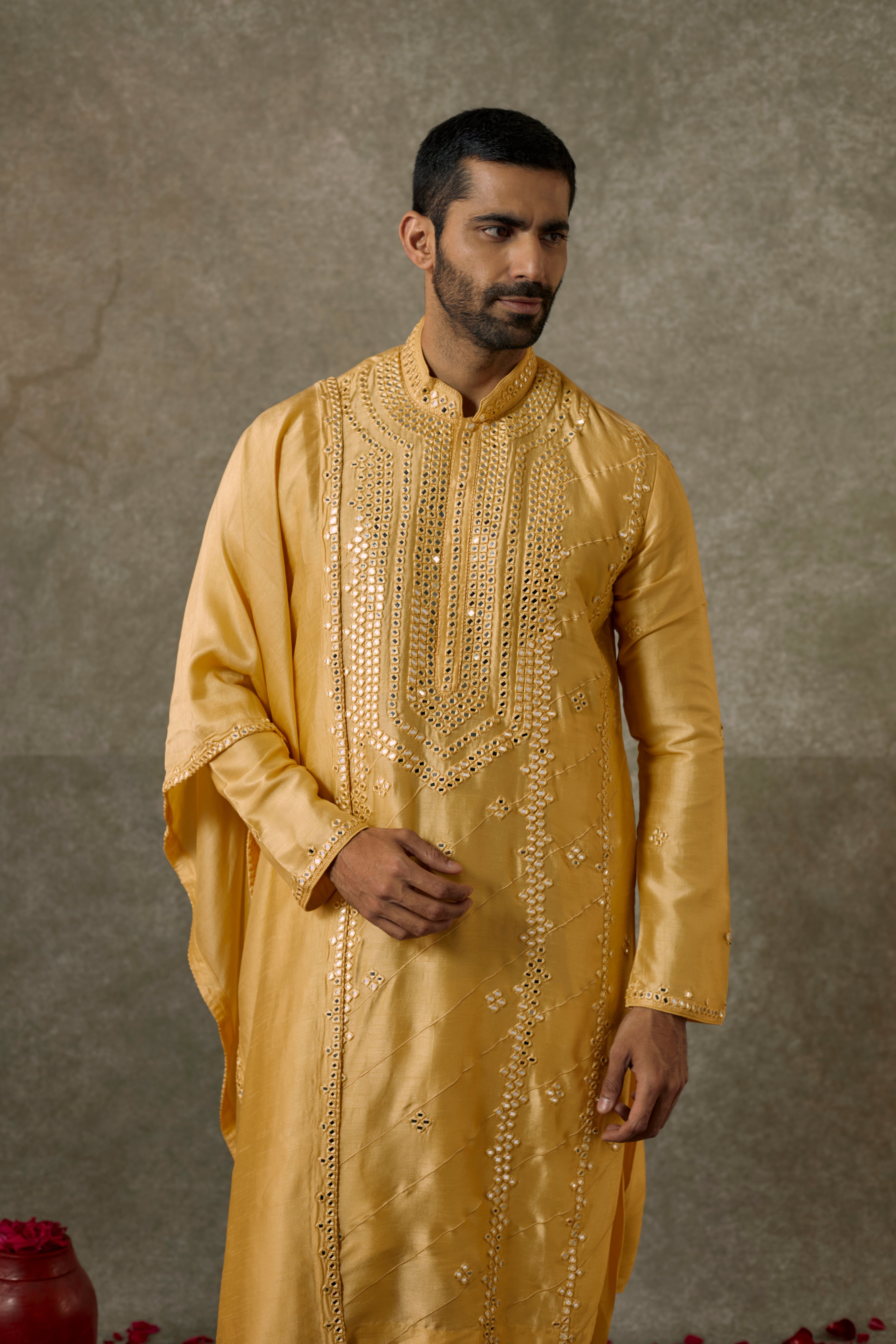 Turmeric Yellow  art silk mirror embroidered patiala suit set