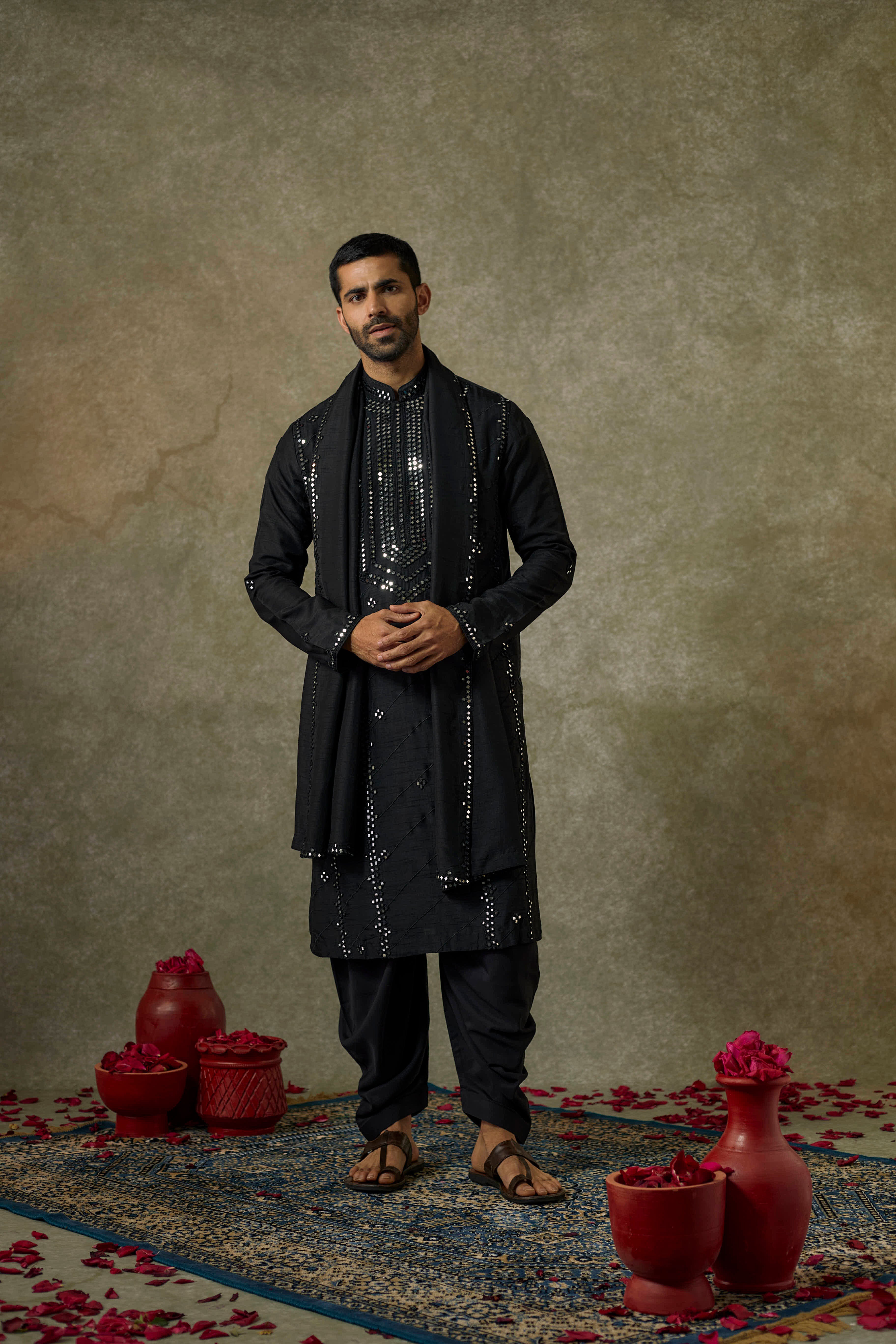 Pitch Black  art silk mirror embroidered patiala suit set