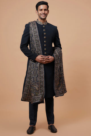 Blue Suiting Fabric Embroidered Indowestern Set