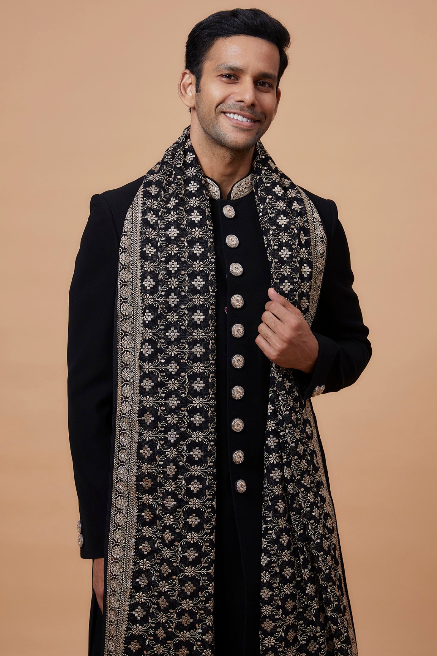 Black Imported Suiting Fabric Indo-Western Set