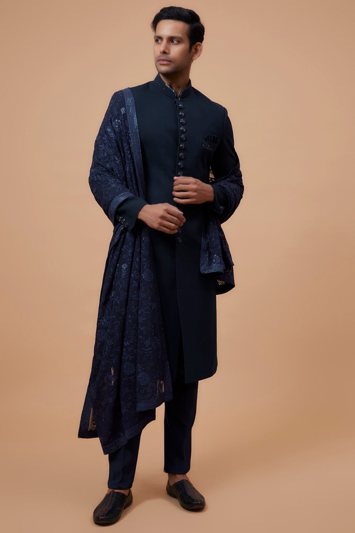 Blue Suiting Fabric Embroidered Indowestern Set