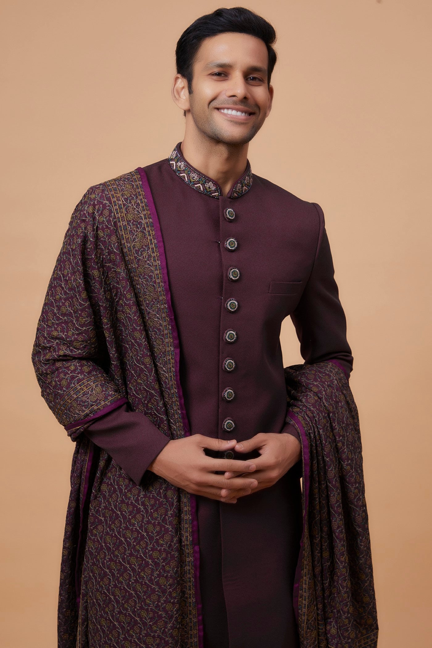 Wine Suiting Fabric Embroidered Indowestern Set