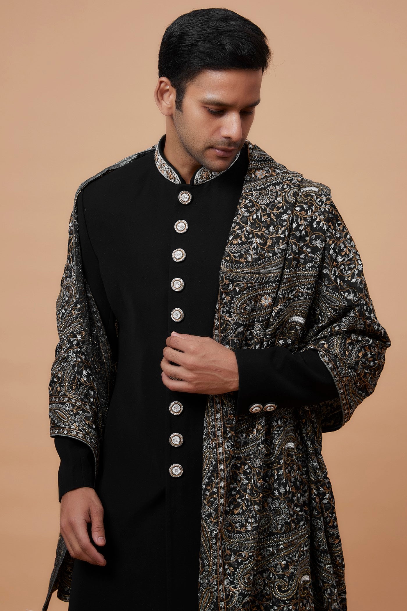 Black Suiting Fabric Embroidered Indowestern Set