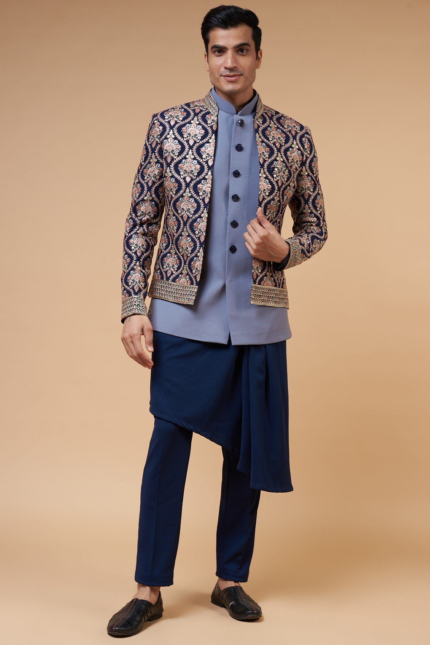 Blush Pink Art Silk 3 Piece Indo Western | Blue jacket style, Silk jacket,  Sherwani