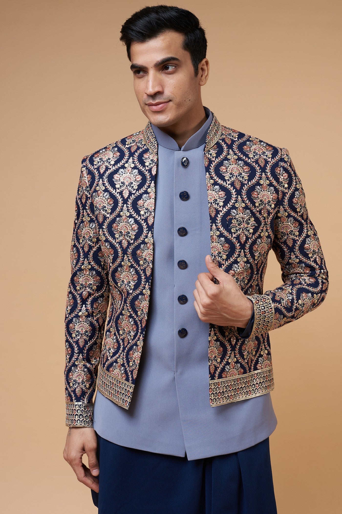 Blue Imported Suiting Embroidered Indowestern Set