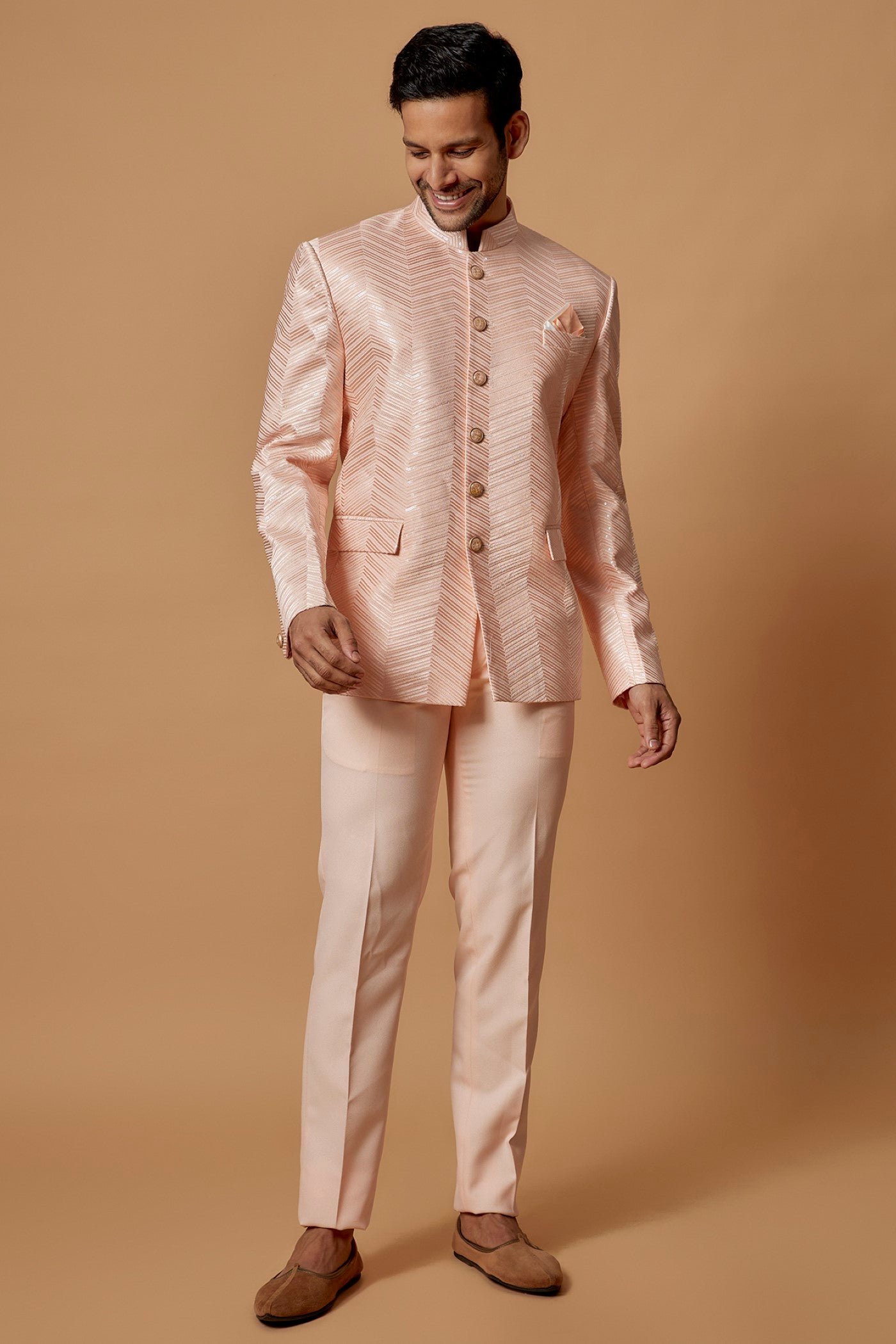 Peach Suiting Fabric Embroidered Jodhpuri Set