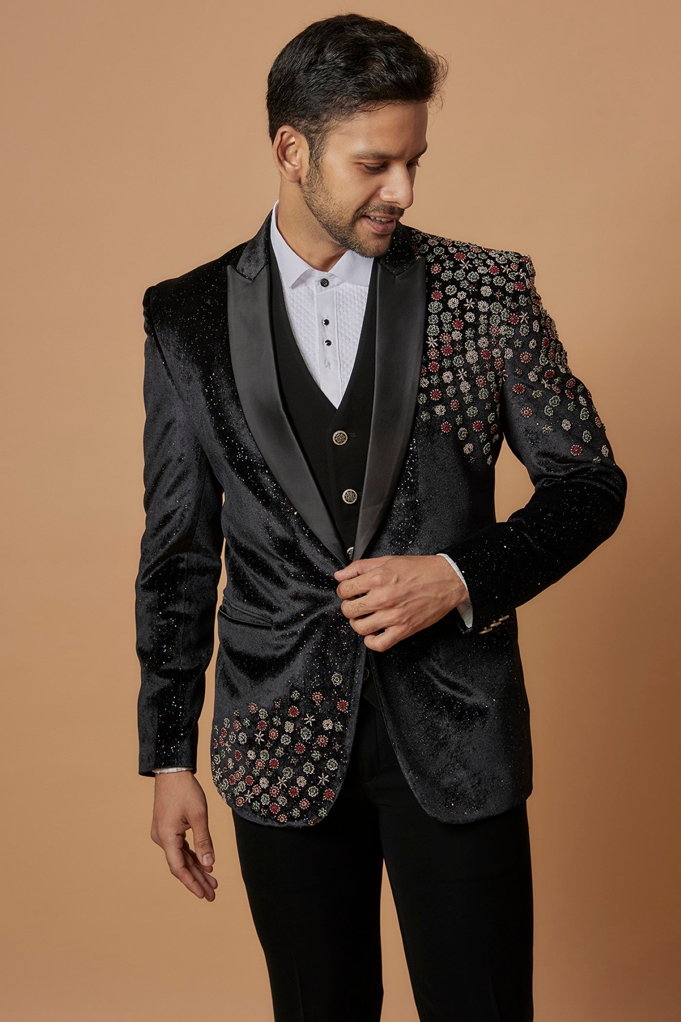 Black Imported Suiting Fabric Embroidered Tuxedo Set