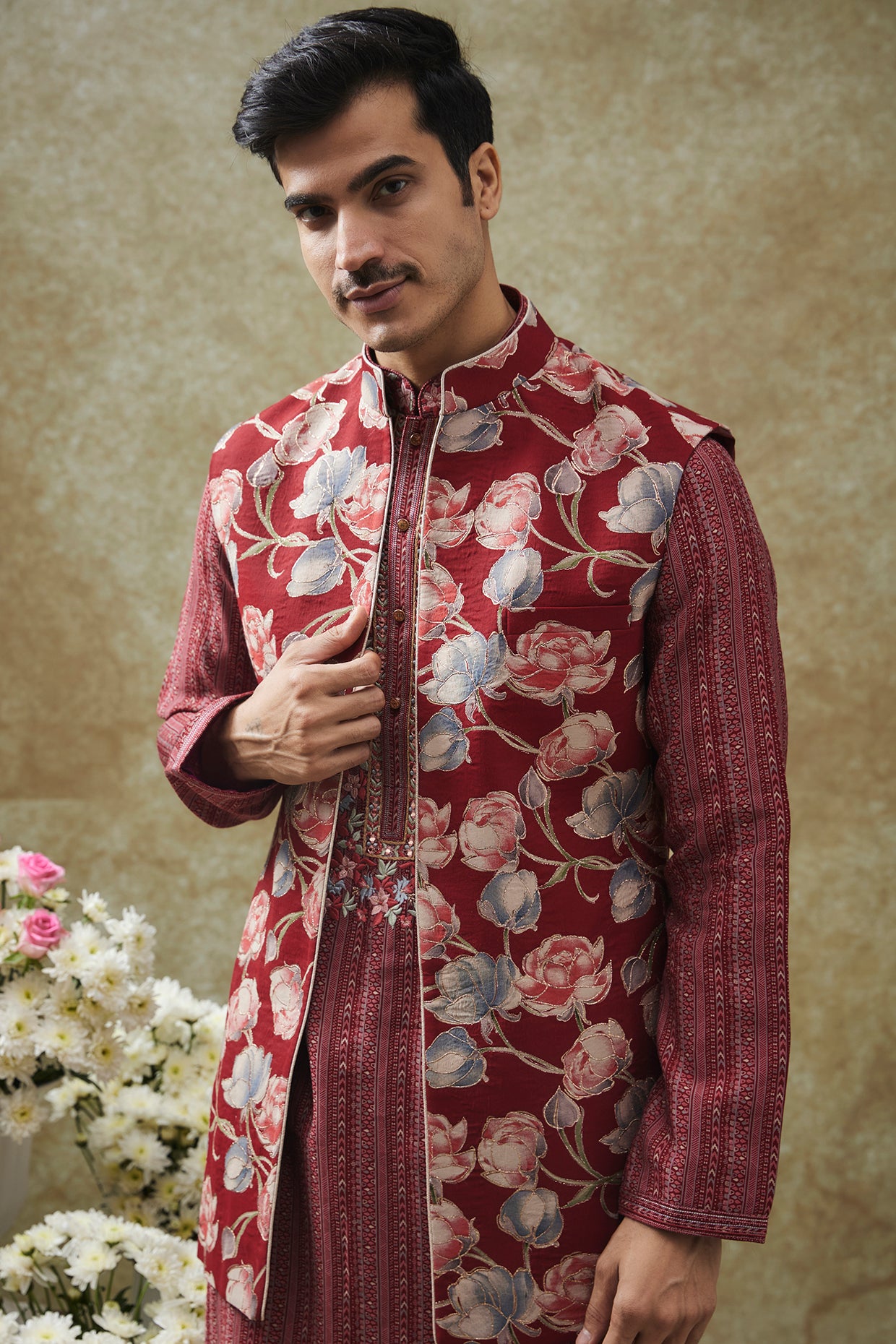 Apple Red splendid Silk Kurta Jacket set