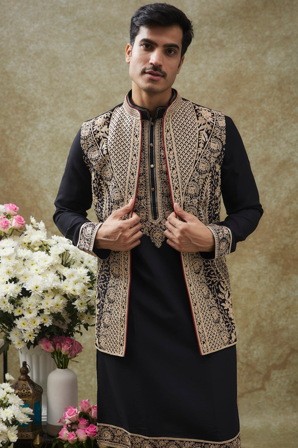 Jet Black Splendid Silk Jacket Kurta Set