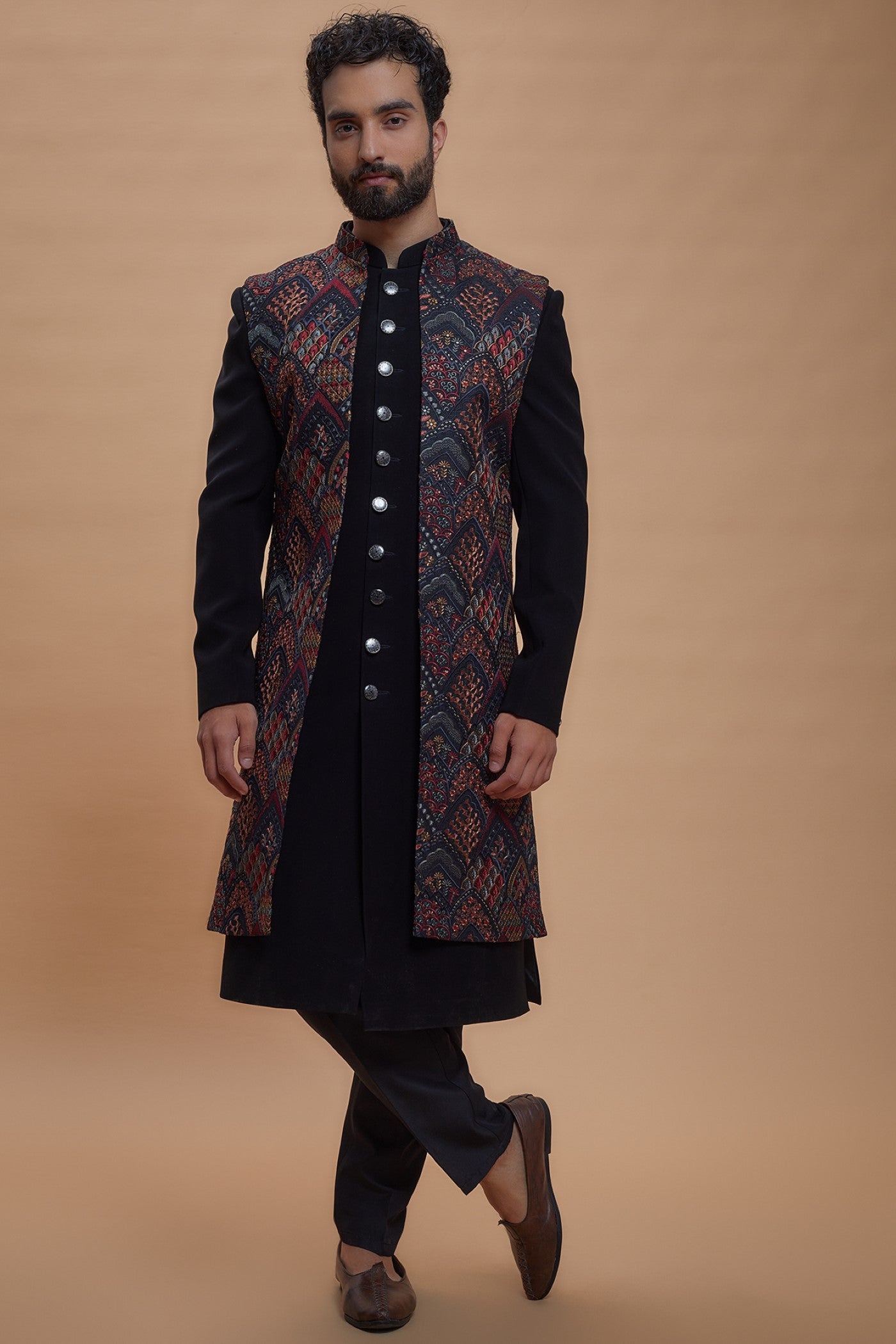 Black Imported Suiting Embroidered Indo-Western Set