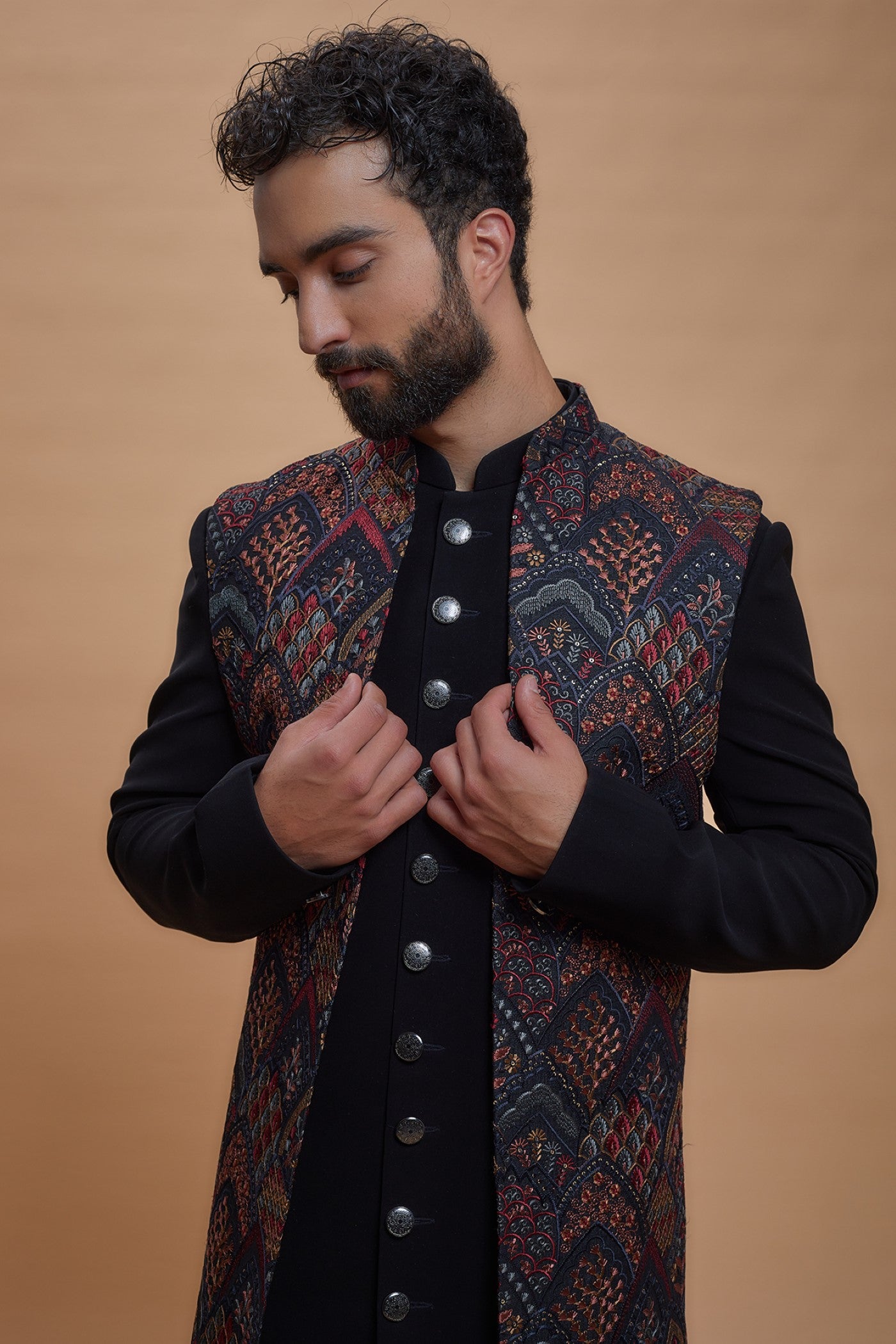 Black Imported Suiting Embroidered Indo-Western Set
