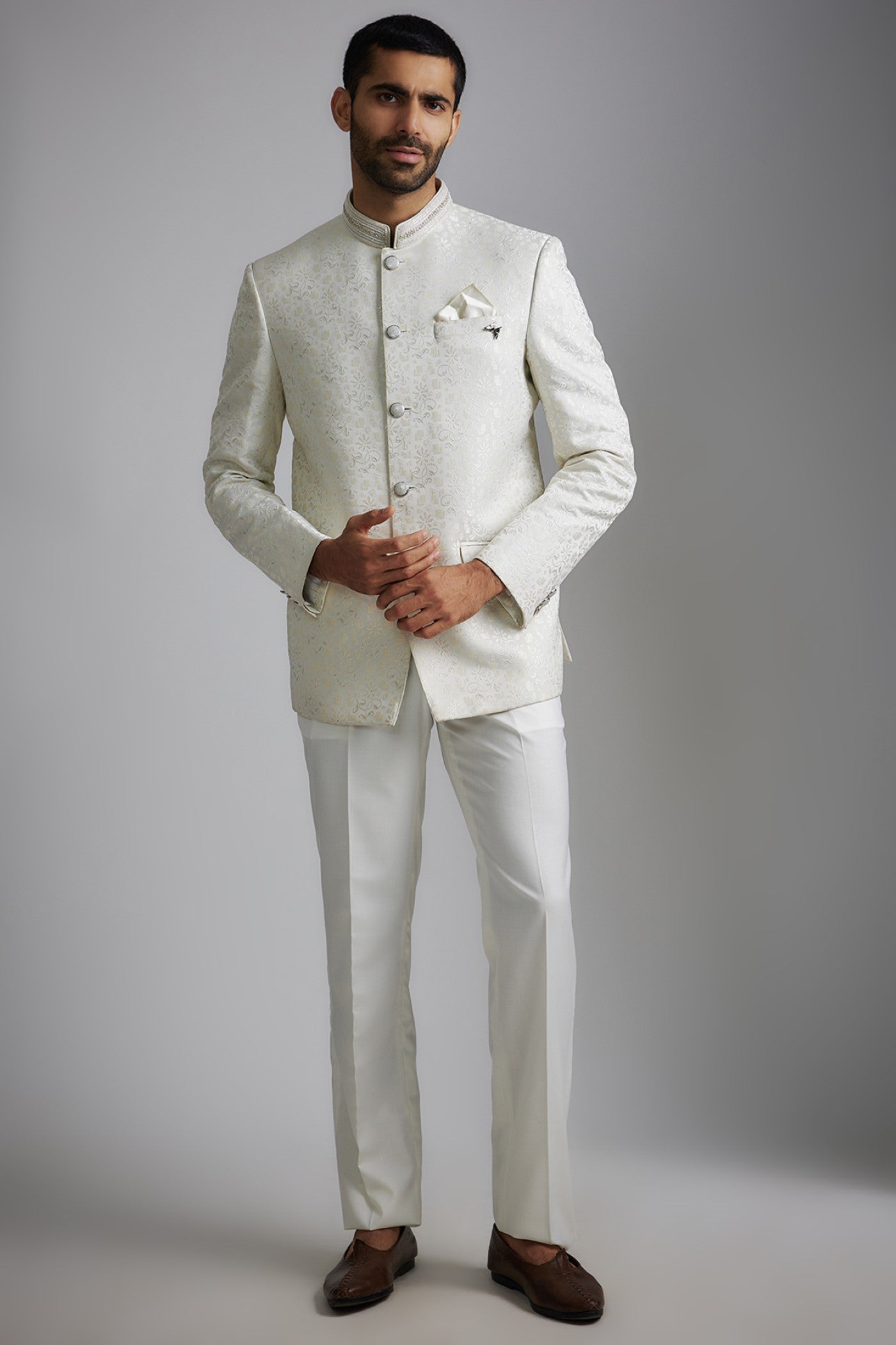 White Jacquard Bandhgala Jacket Set
