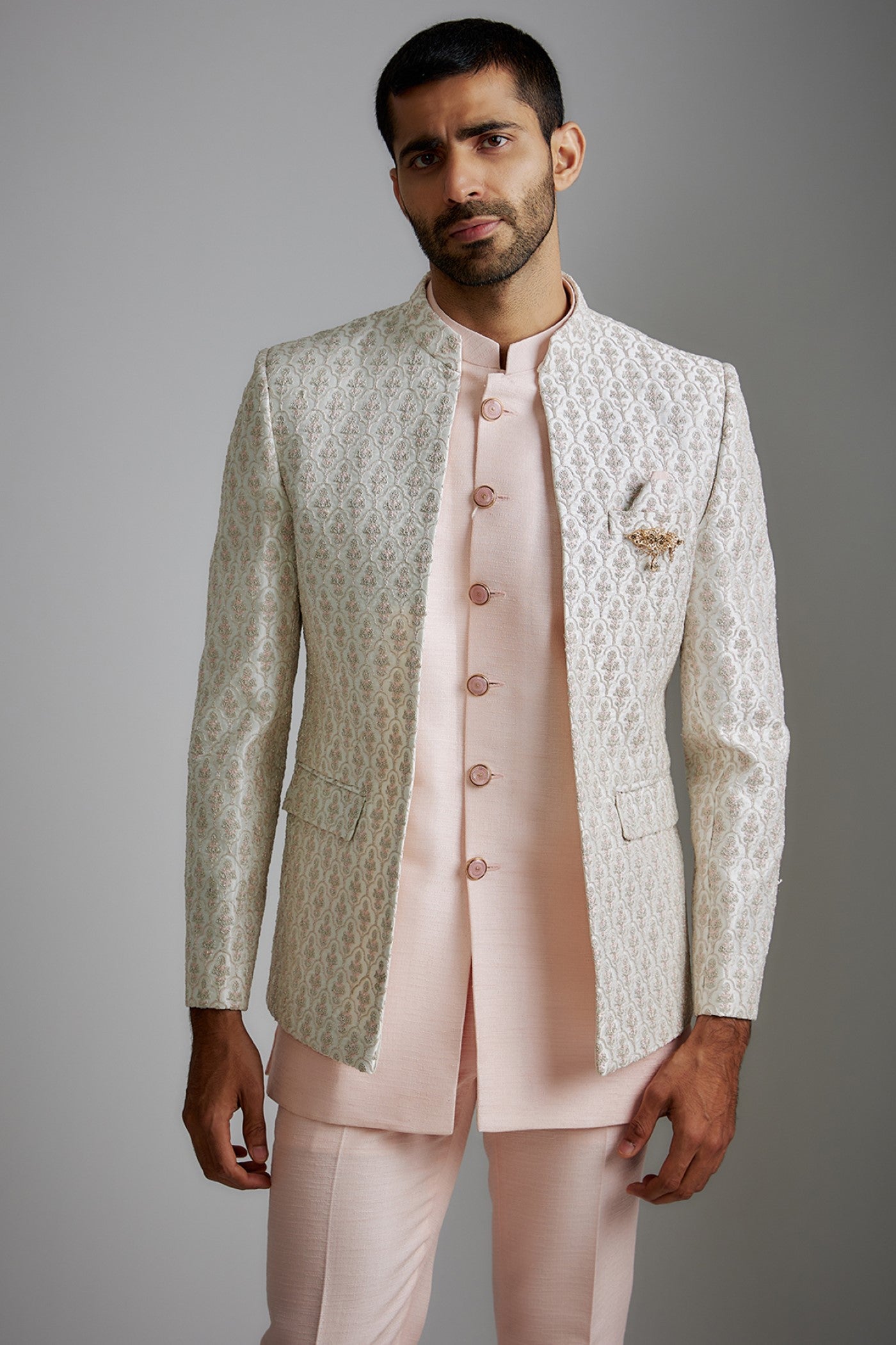 Cream Silk Embroidered Indowestern Jacket Set
