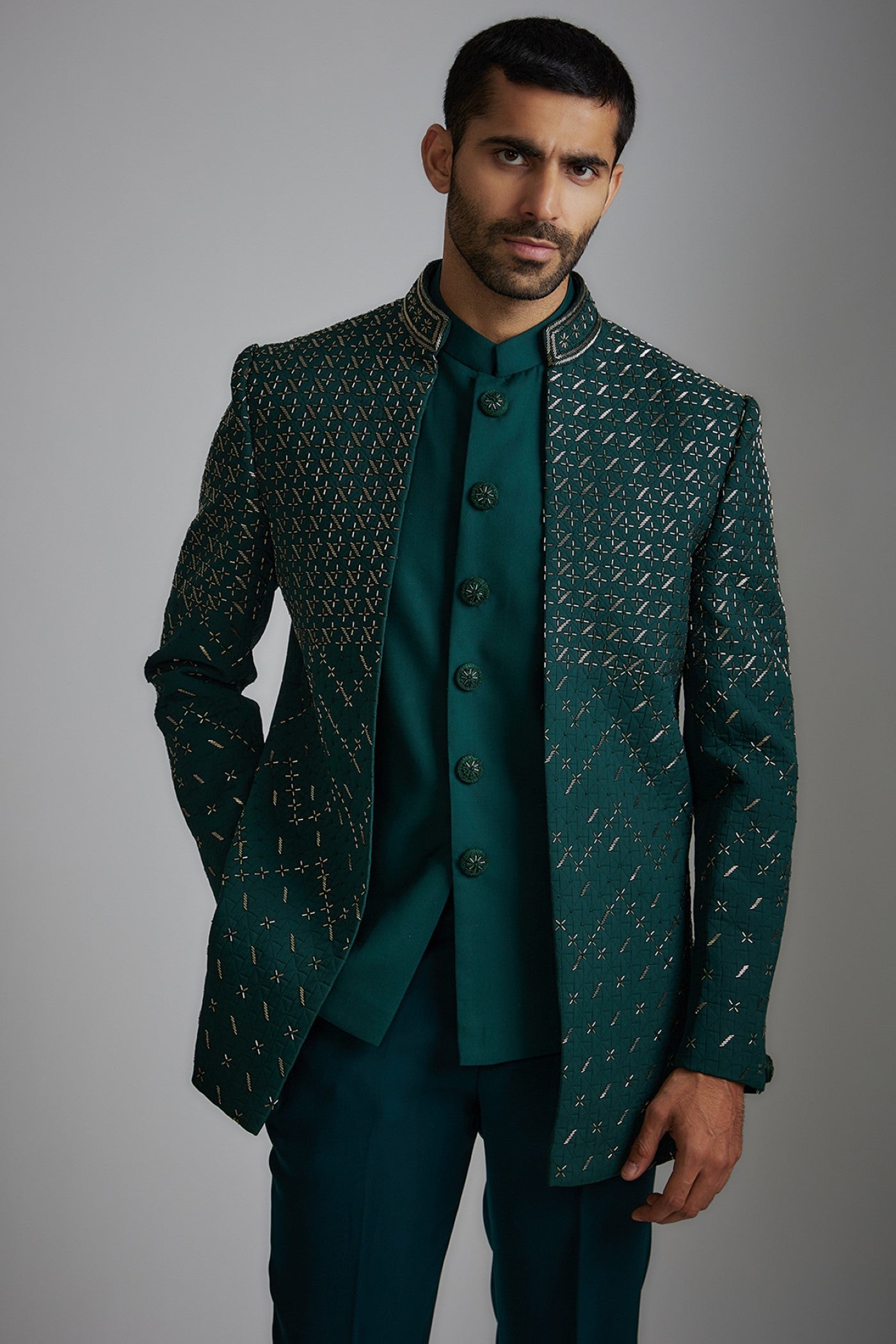 Green Suiting Fabric Indowestern Set