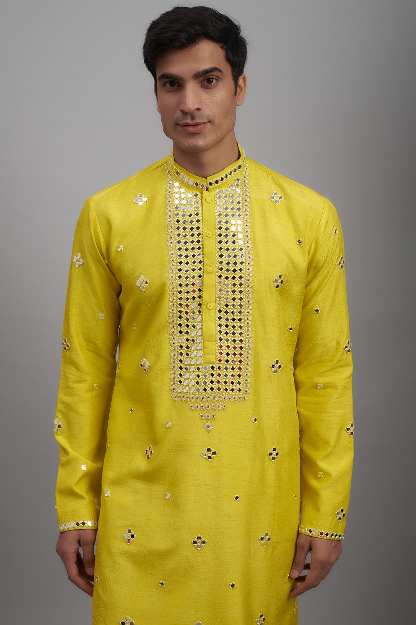 Yellow Silk Embroidered Kurta Set
