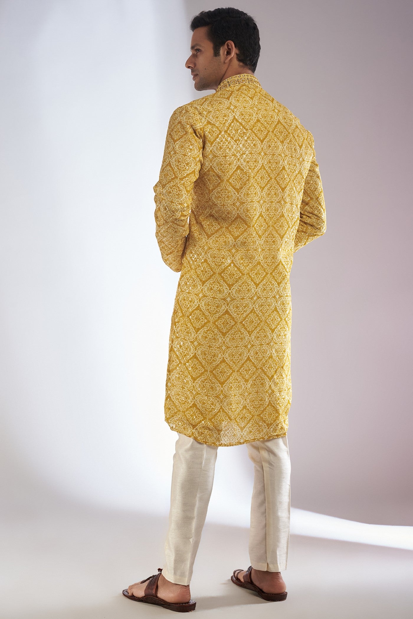 Yellow Silk Printed & Embroidered Kurta Set