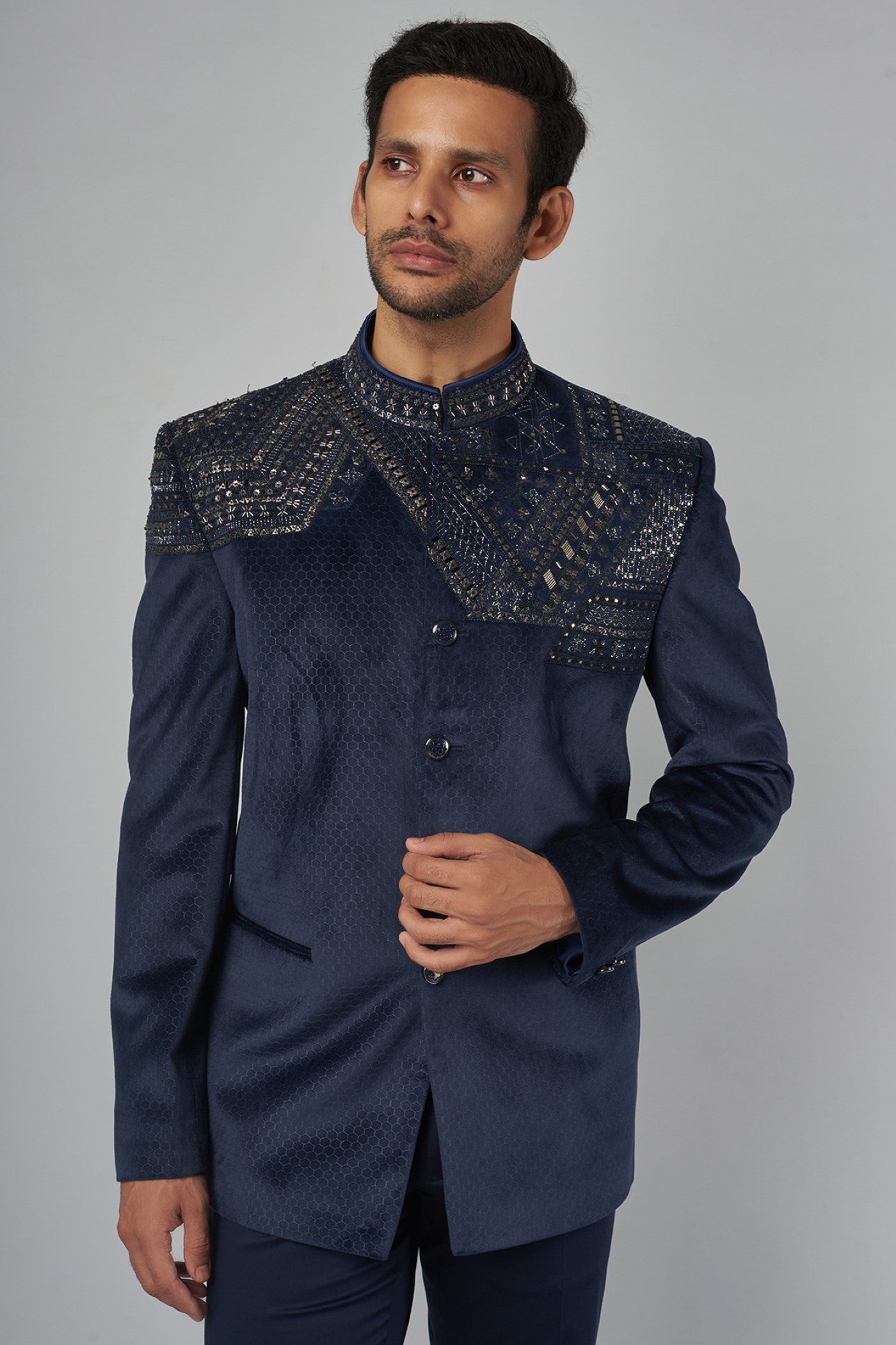 Blue Suiting Embroidered Bandhgala Set