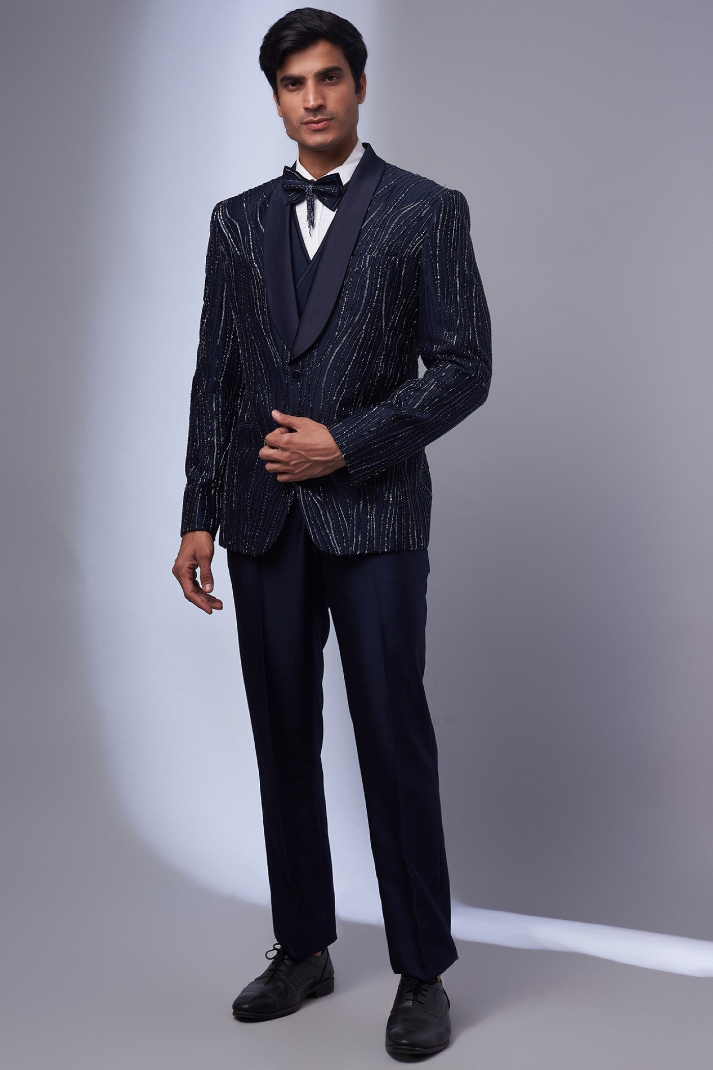 Navy Blue Suiting Fabric Embroidered Tuxedo Set