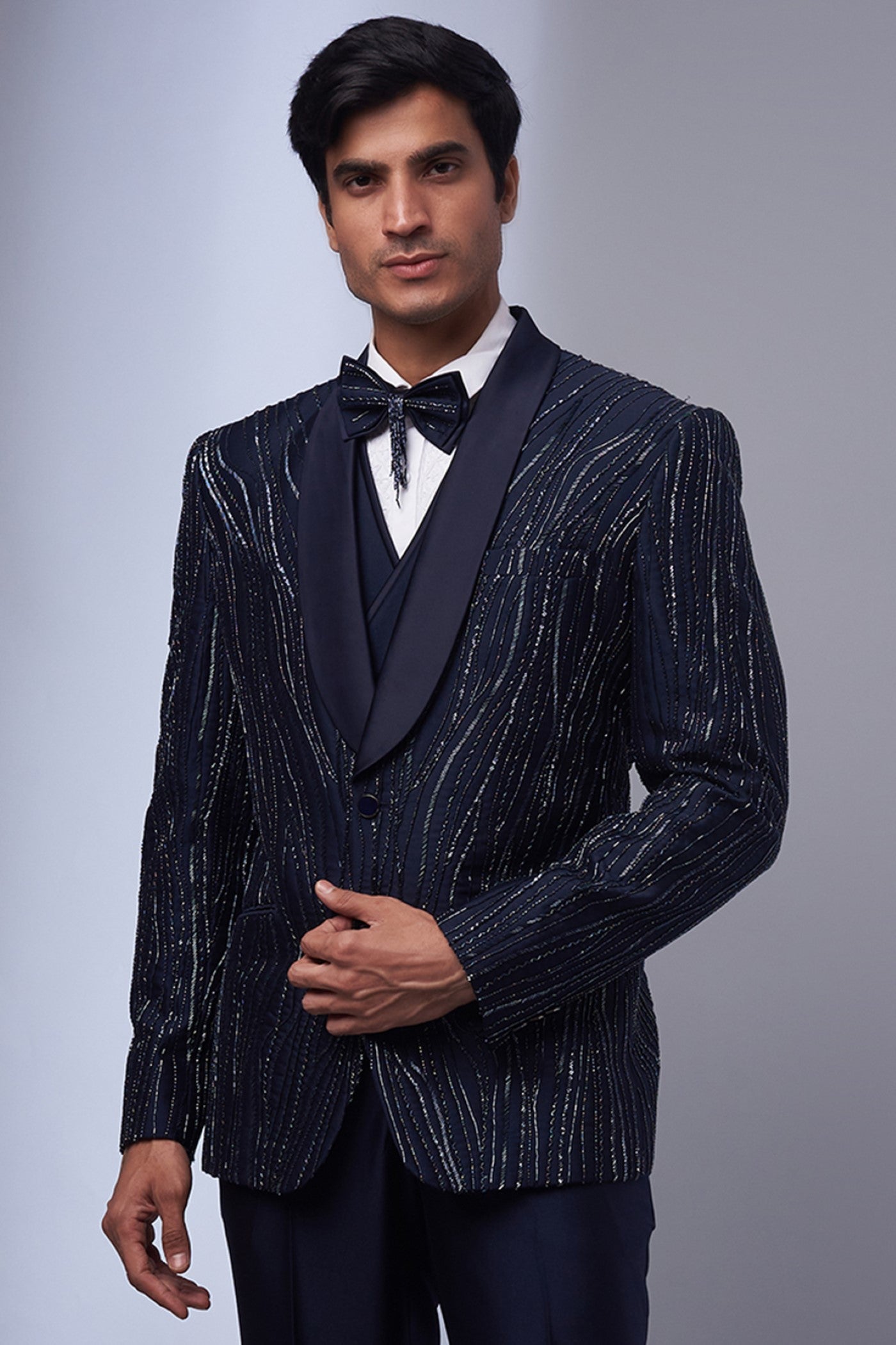 Navy Blue Suiting Fabric Embroidered Tuxedo Set