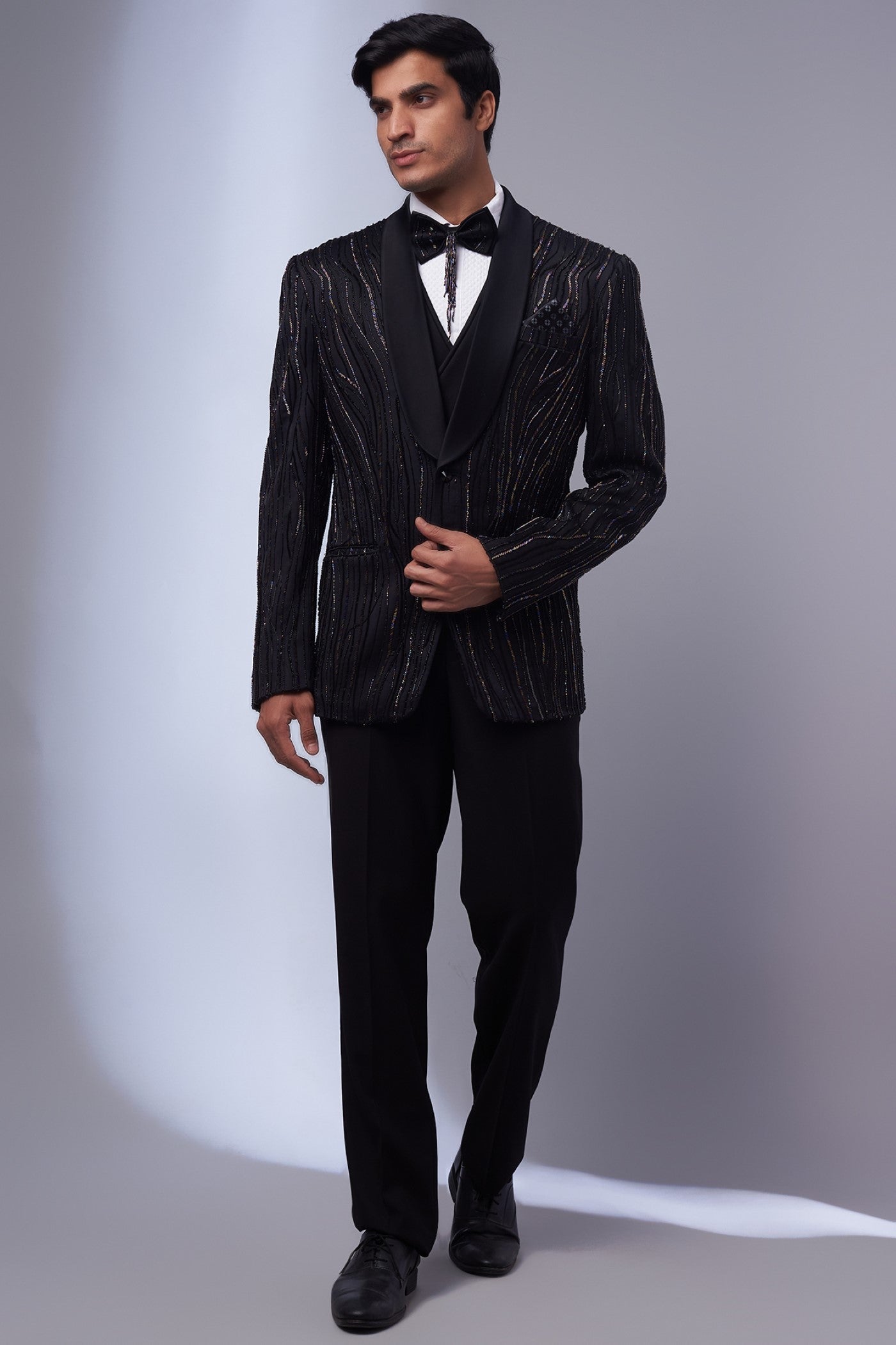Black Suiting Fabric Embroidered Tuxedo Set