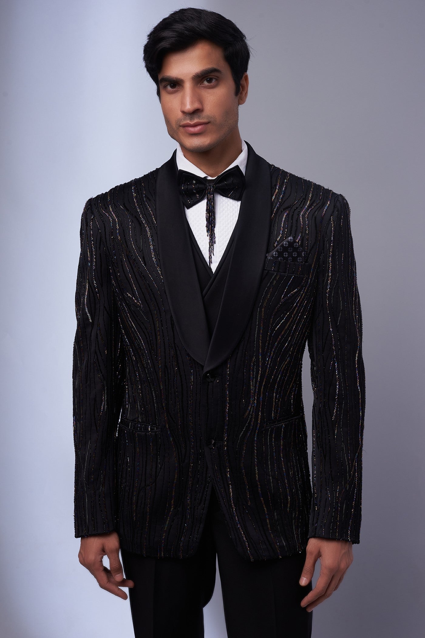 Black Suiting Fabric Embroidered Tuxedo Set