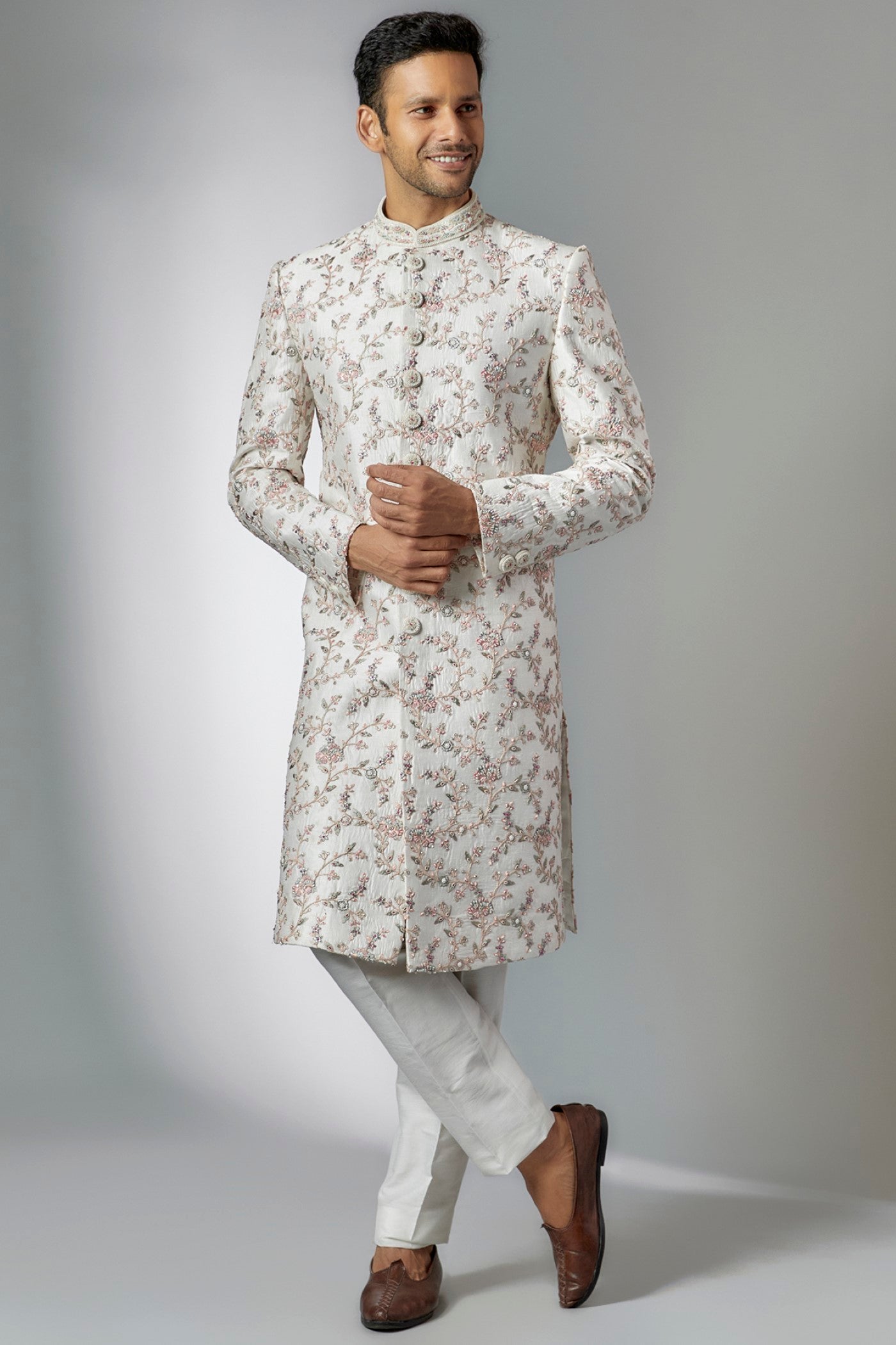 Off-White Raw Silk Embroidered Sherwani Set