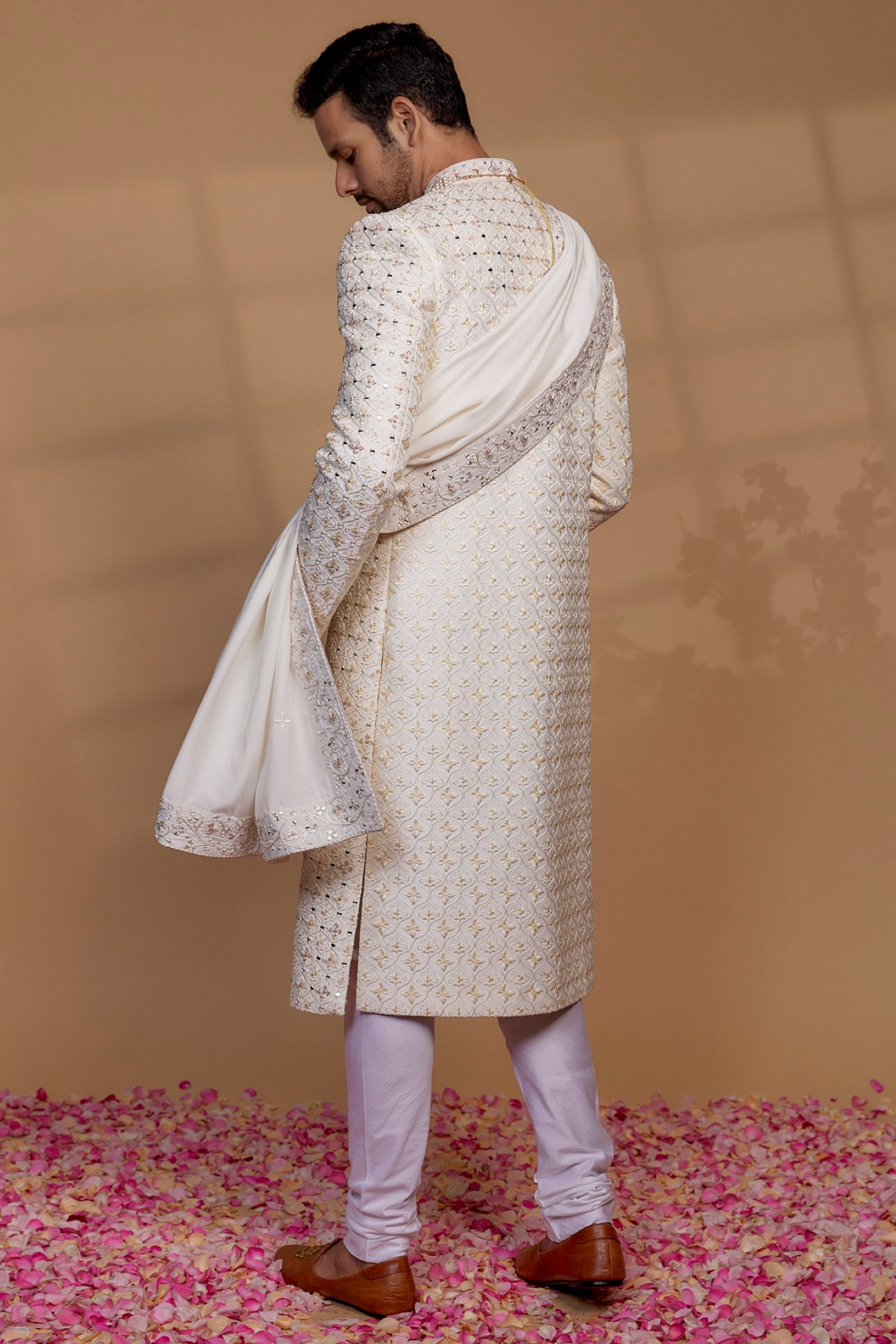Ivory Raw Silk Sequin Embellished Sherwani Set