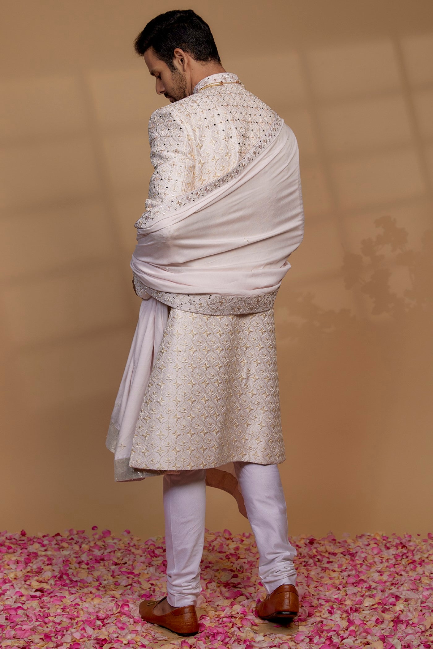 Alabaster White Raw Silk Sequin Embellished Sherwani Set