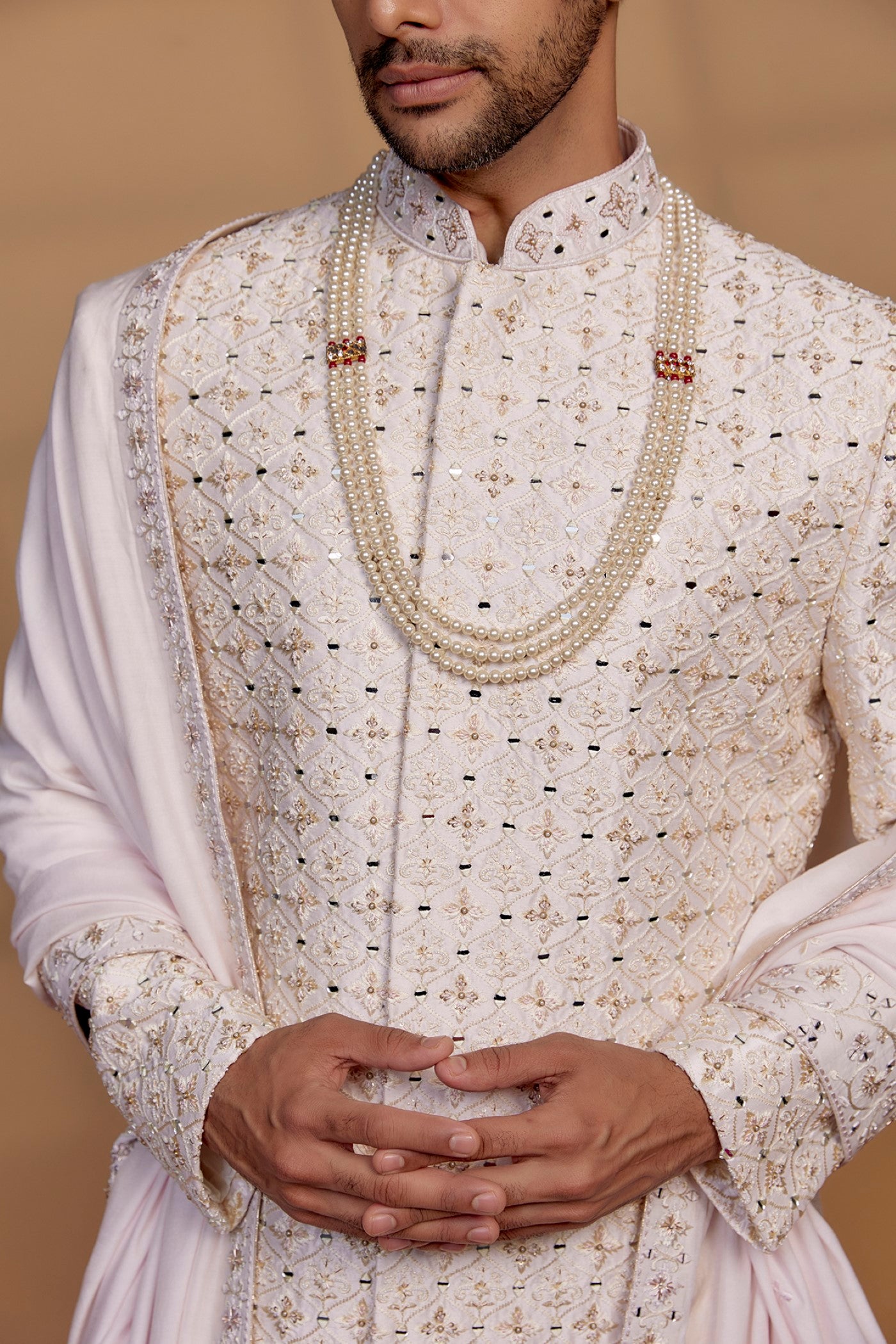 Alabaster White Raw Silk Sequin Embellished Sherwani Set