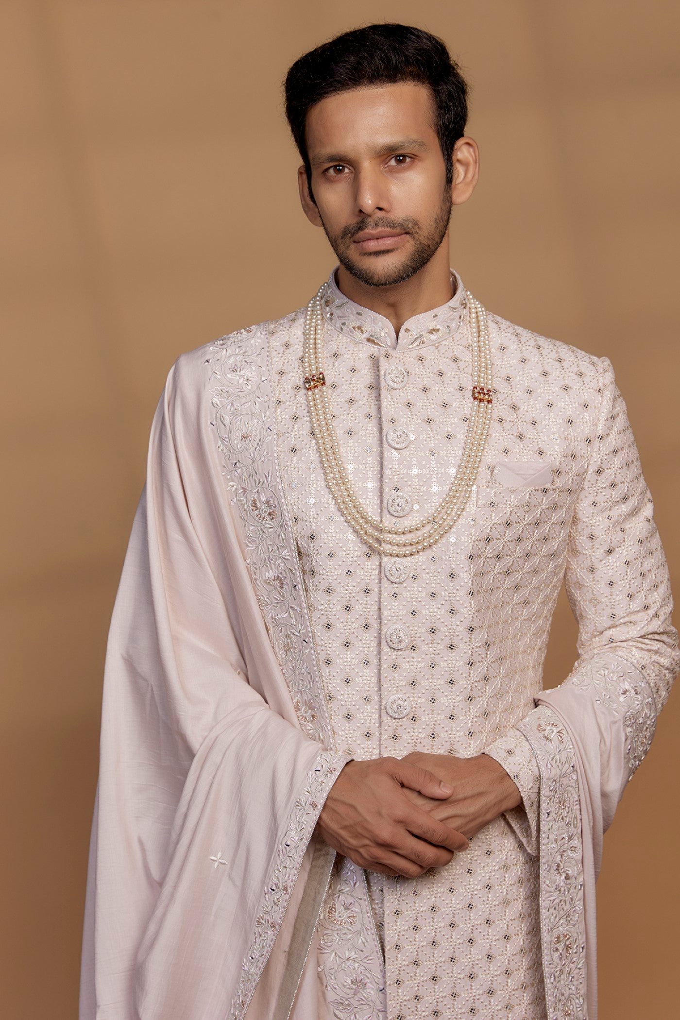 Cream Raw Silk Sequin Embellished Sherwani Set