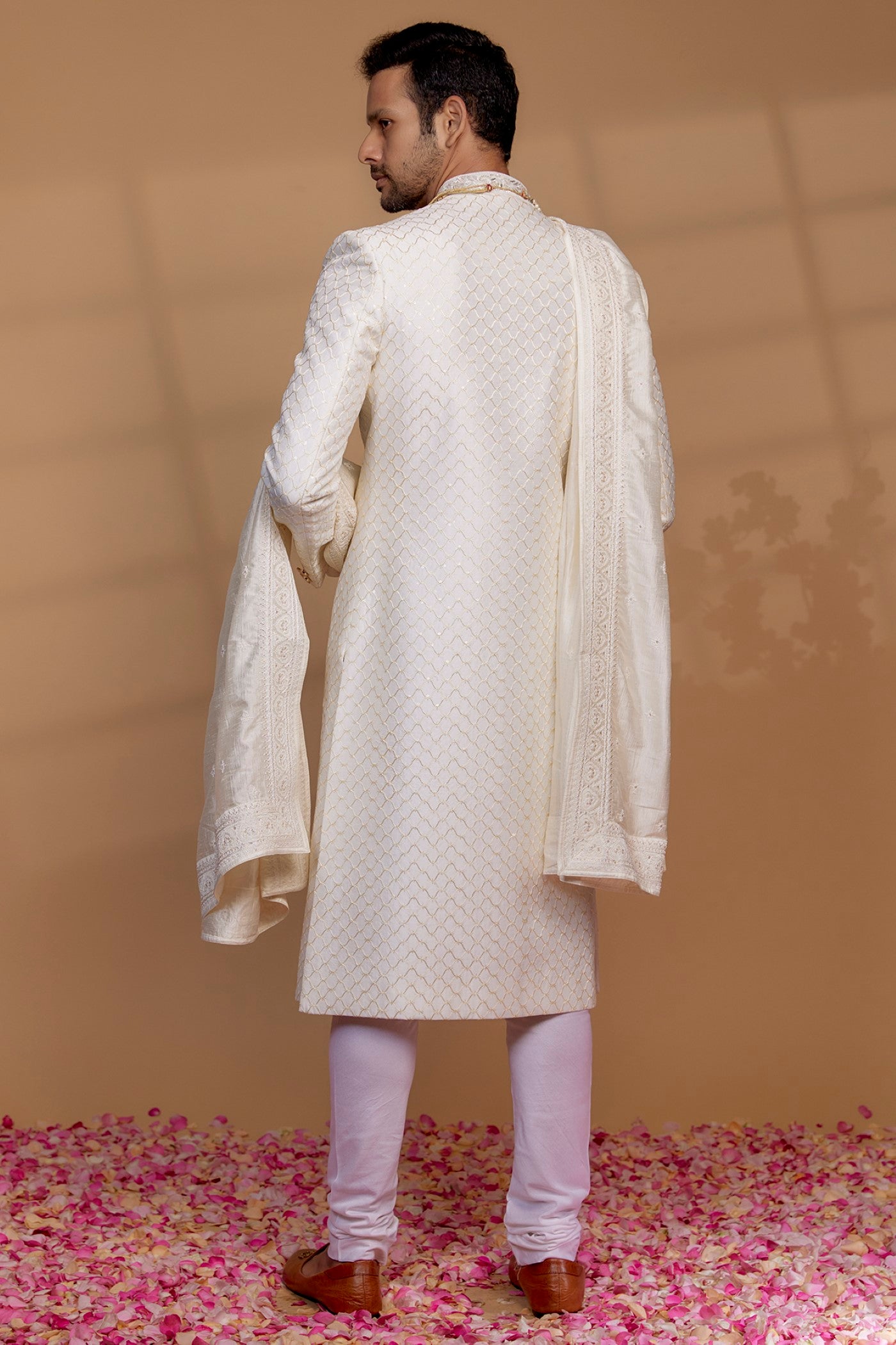 White Raw Silk Sequin Embellished Sherwani Set