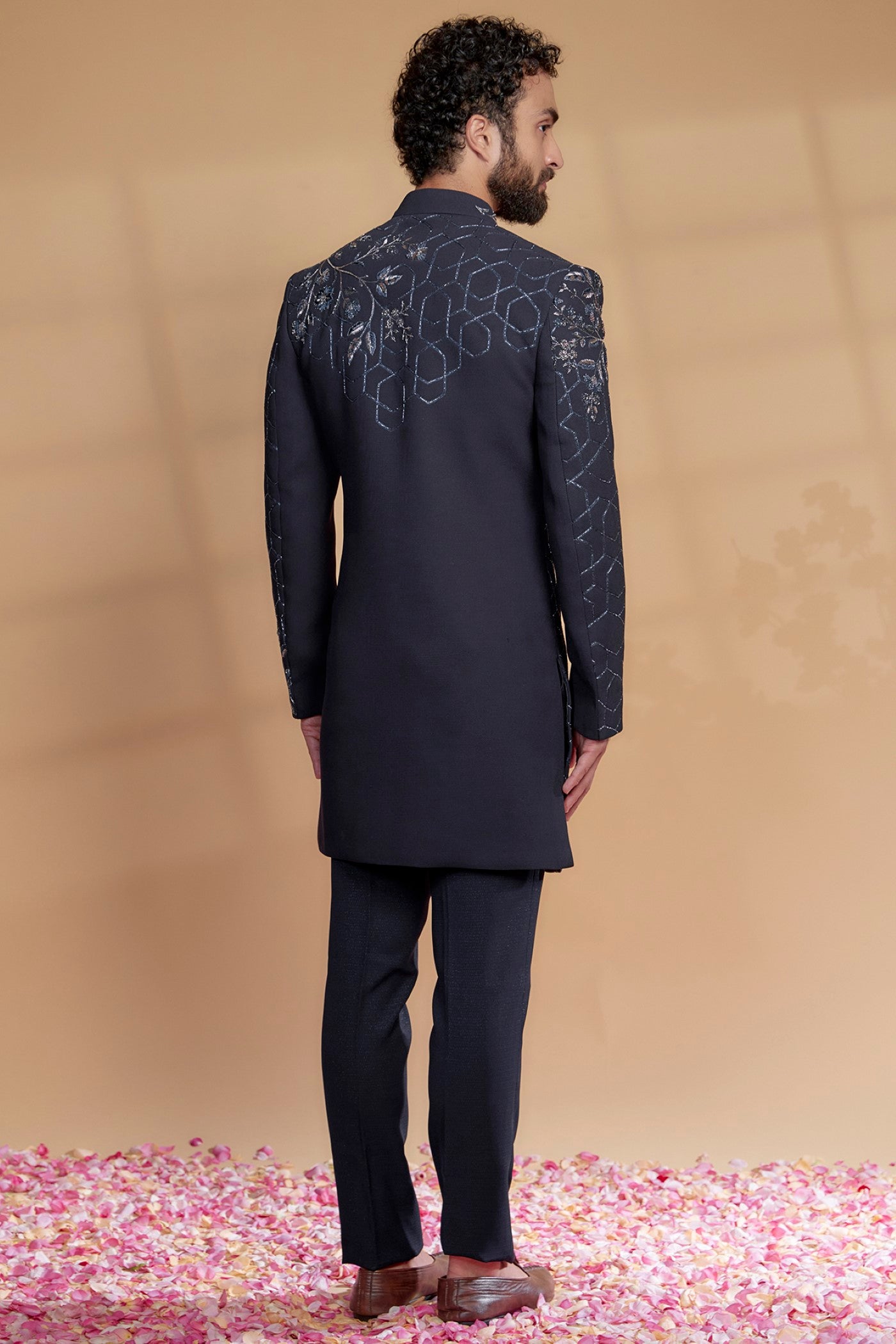 Midnight Blue Imported Suiting Fabric Sequins Embroidered Sherwani Set