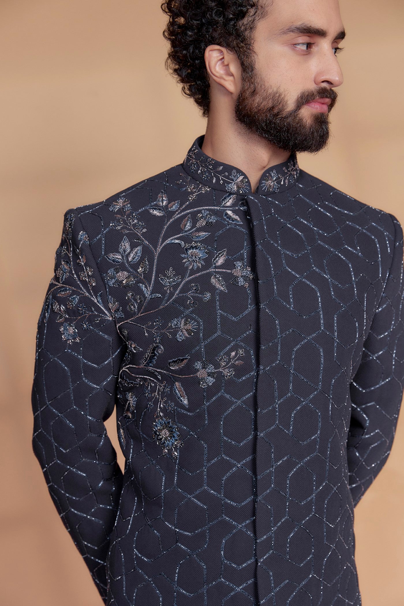 Midnight Blue Imported Suiting Fabric Sequins Embroidered Sherwani Set