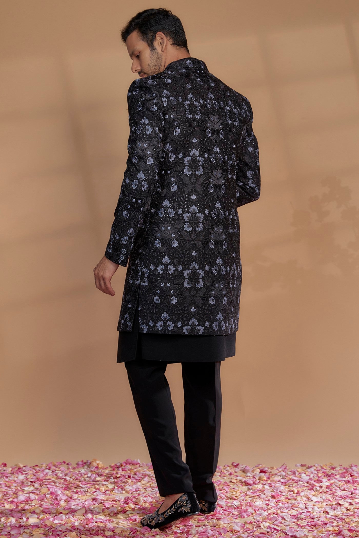 Black Silk Embroidered Indowestern Set