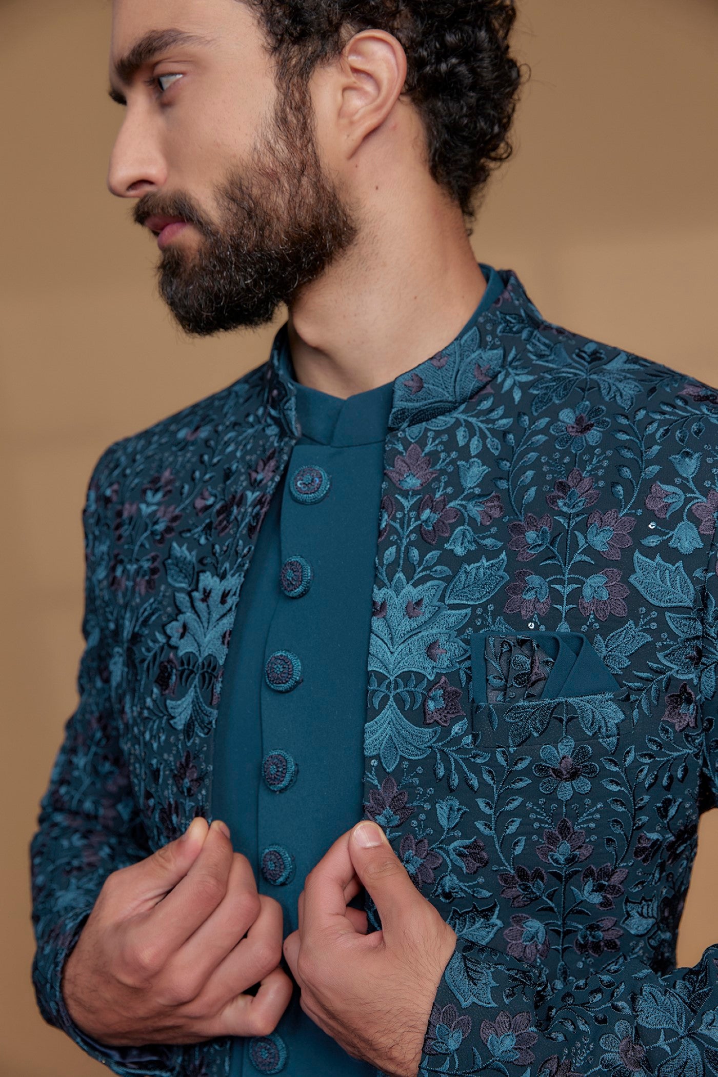 Turkish Blue Silk Thread Embroidered Indowestern Set