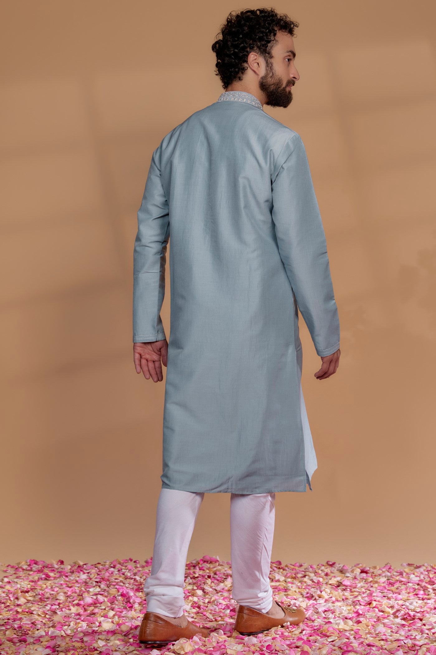 Sky Blue Silk Hand Embroidered Kurta