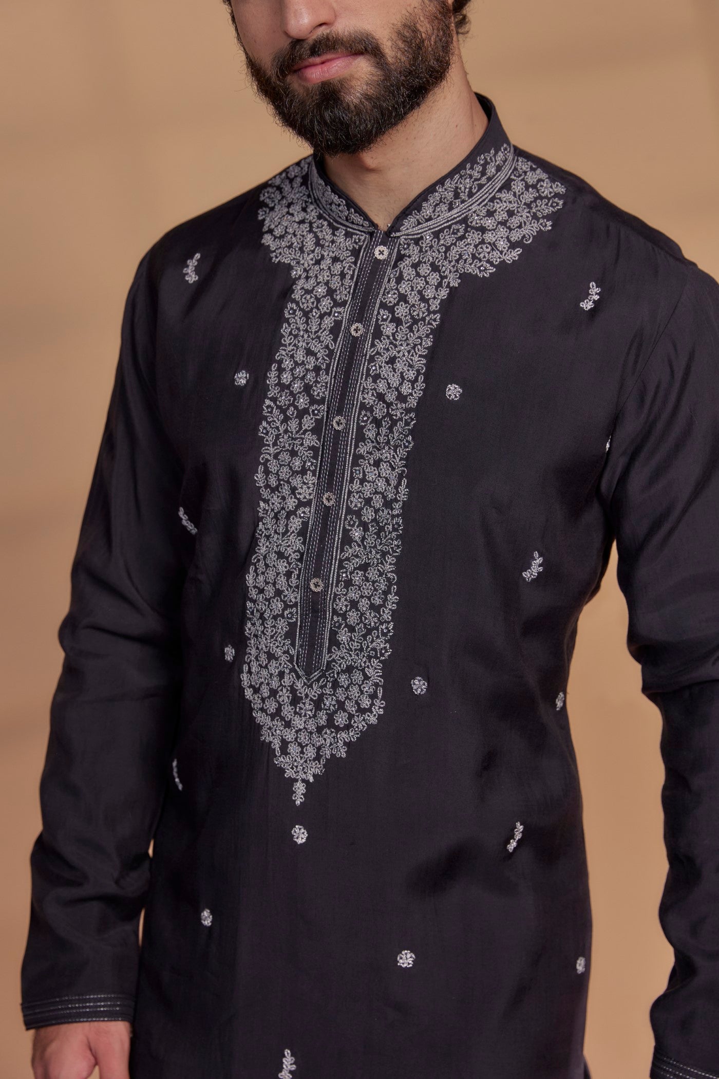 Onyx Black Art Silk Thread Embroidered Kurta Set