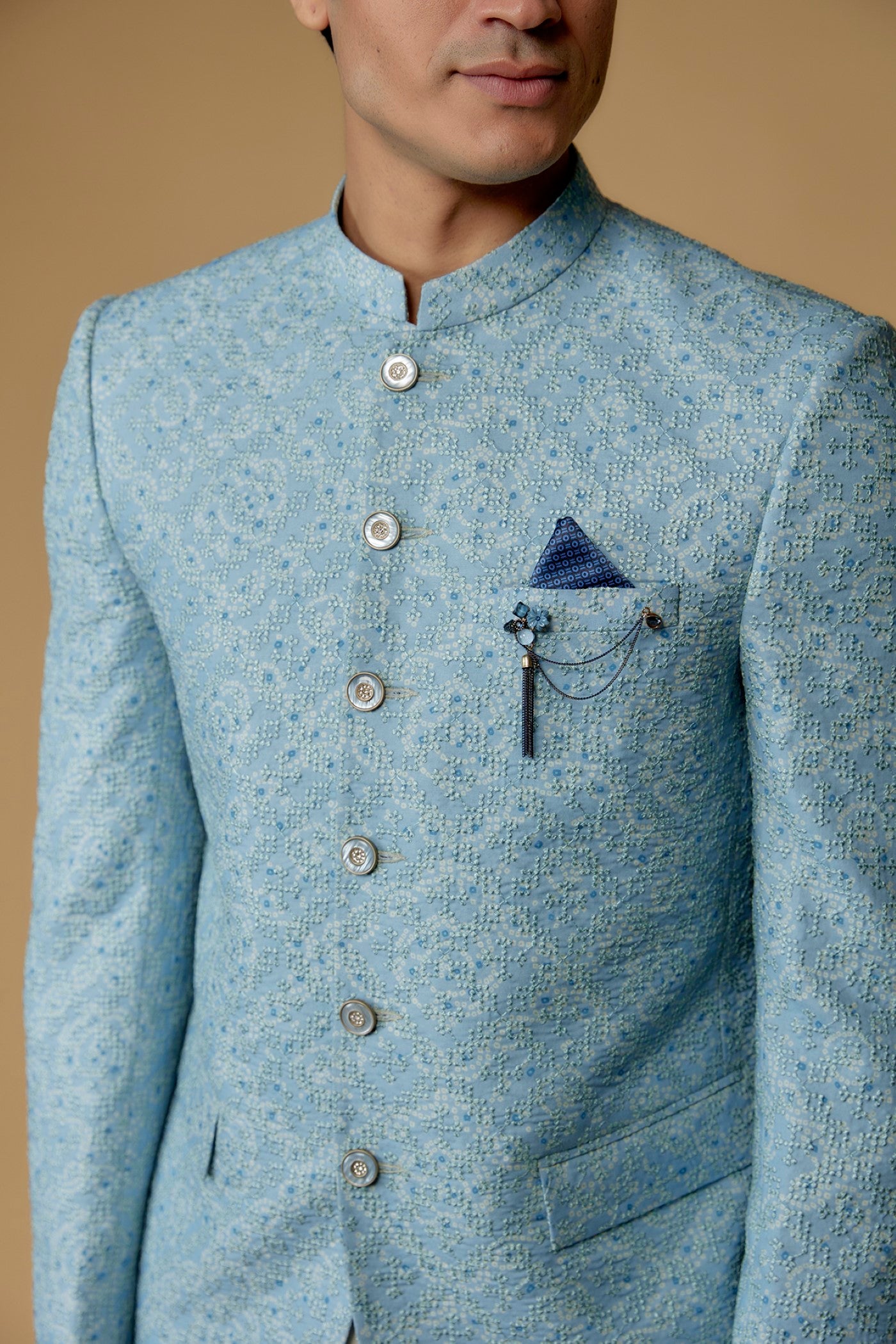 Eccentric Blue Silk Printed Jodhpuri Bandgala Set