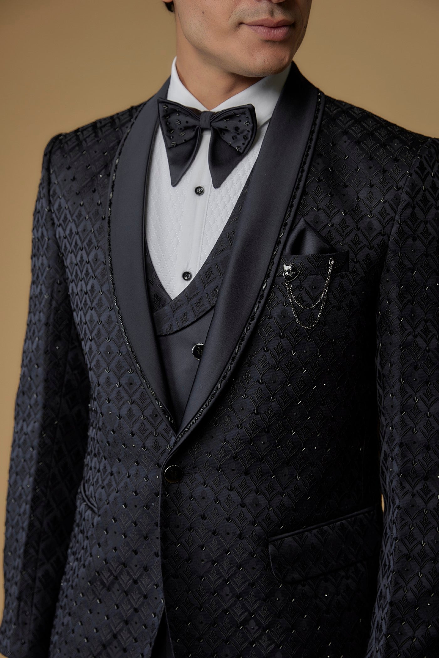 Grease Black Jacquard Cutdana Embroidered Tuxedo Set