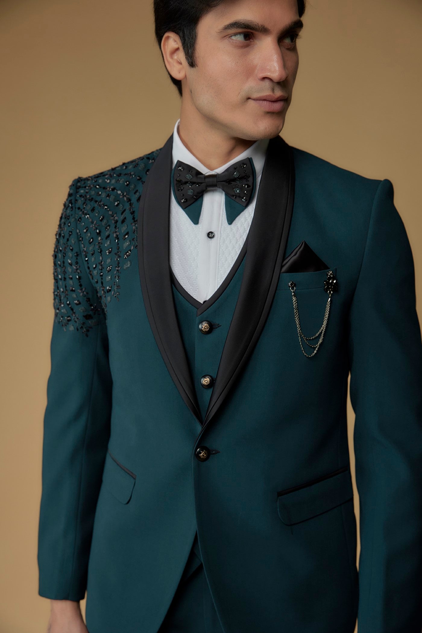 Blue Suiting Fabric Hand Embroidered Tuxedo Set
