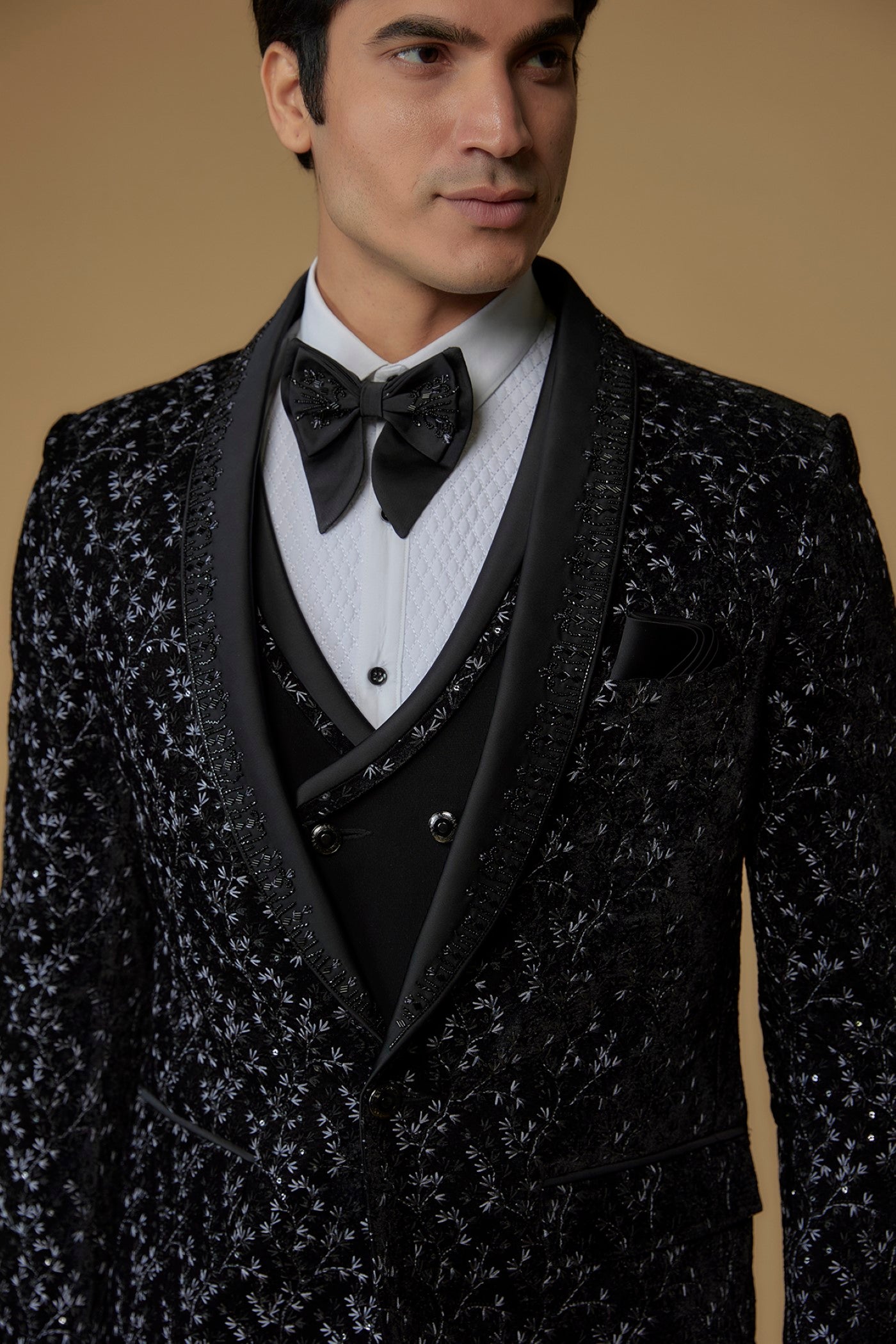 Black Velvet Thread Embroidered Tuxedo Set