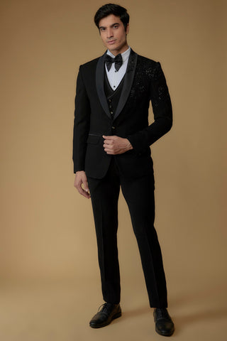 Jet Black Japanese Suiting Fabric Hand Embroidered Tuxedo Set