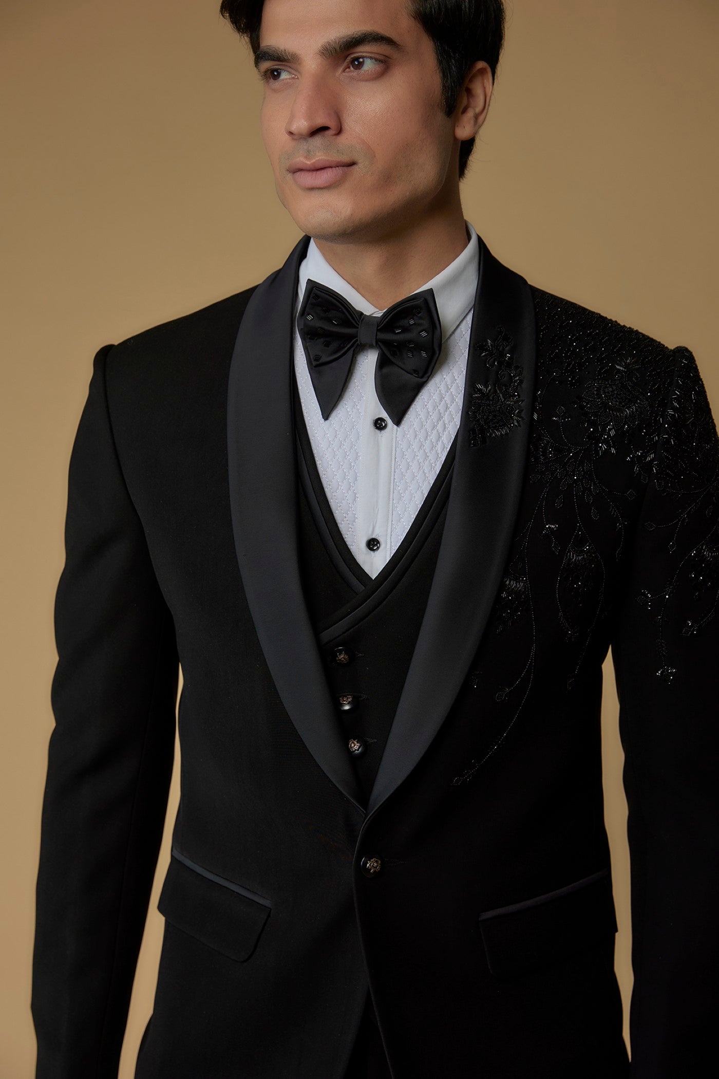 Jet Black Japanese Suiting Fabric Hand Embroidered Tuxedo Set