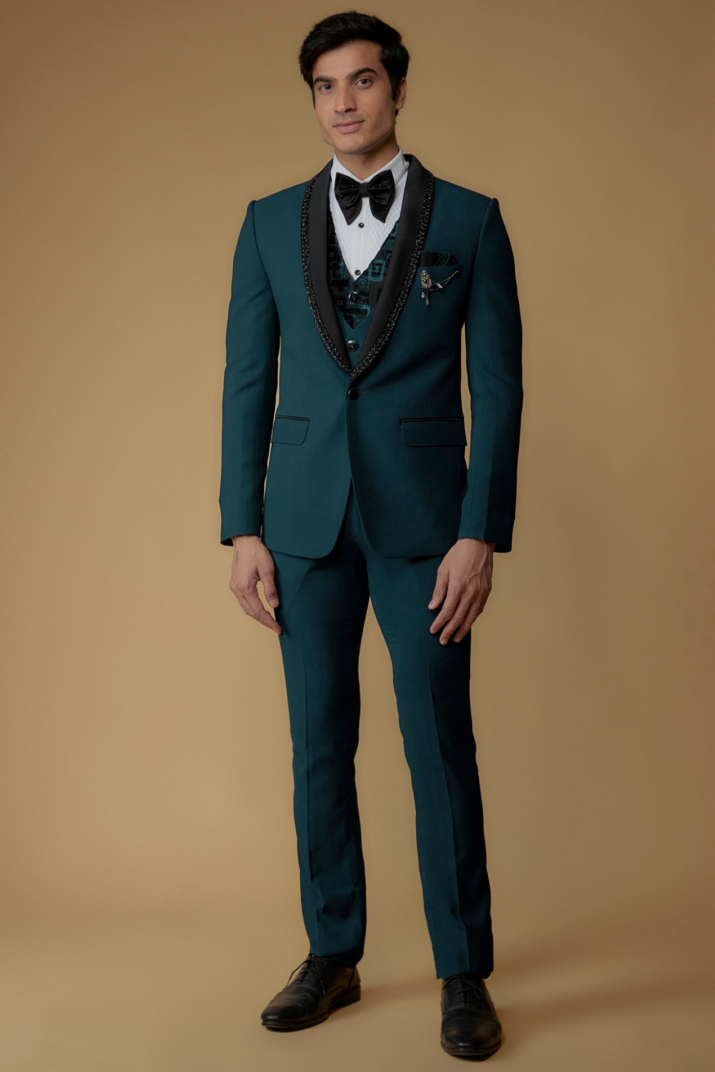 Navy Blue Japanese Suiting Hand Embroidered Tuxedo Set
