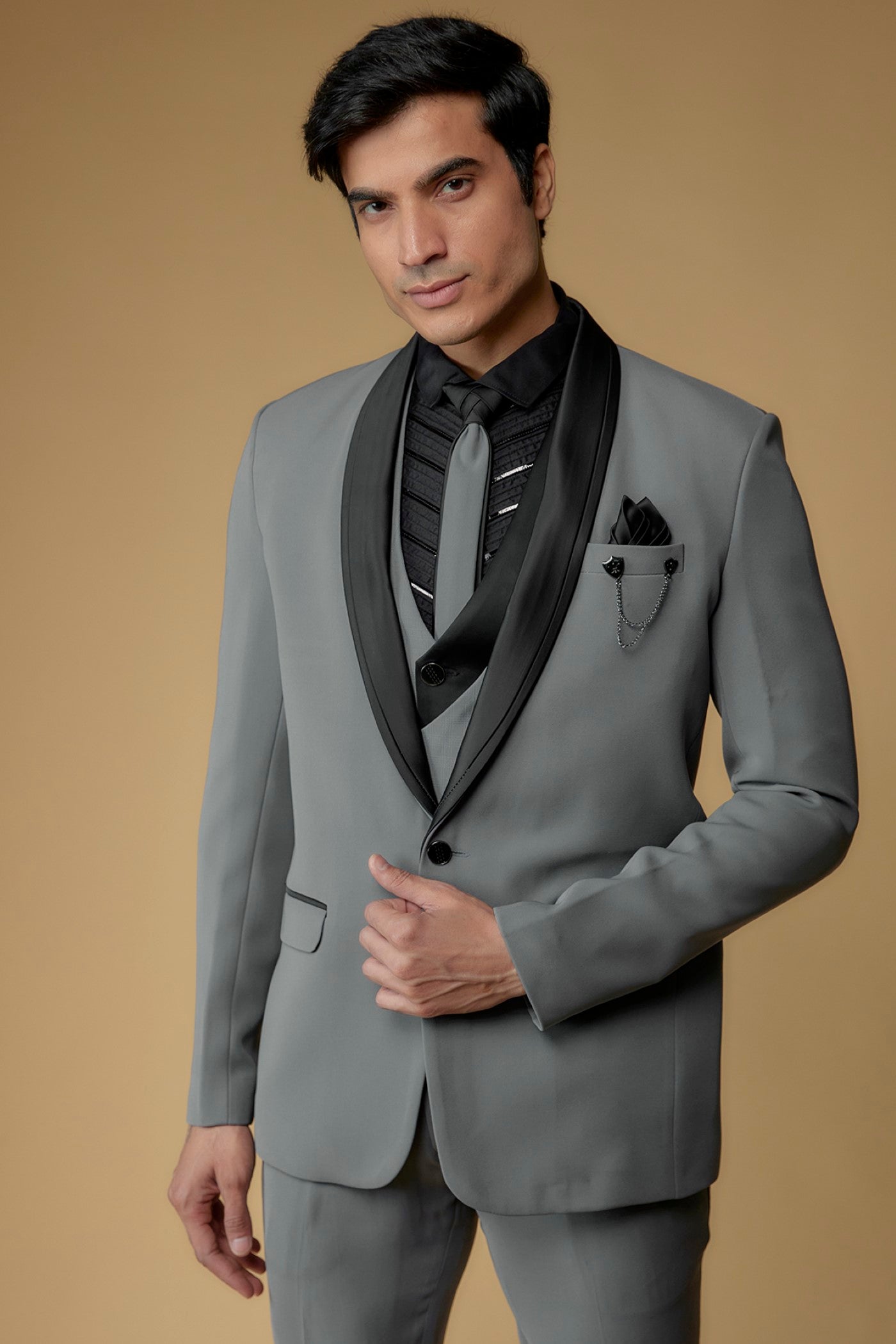 Dusty Grey Japanese Suiting Hand Embroidered Tuxedo Set