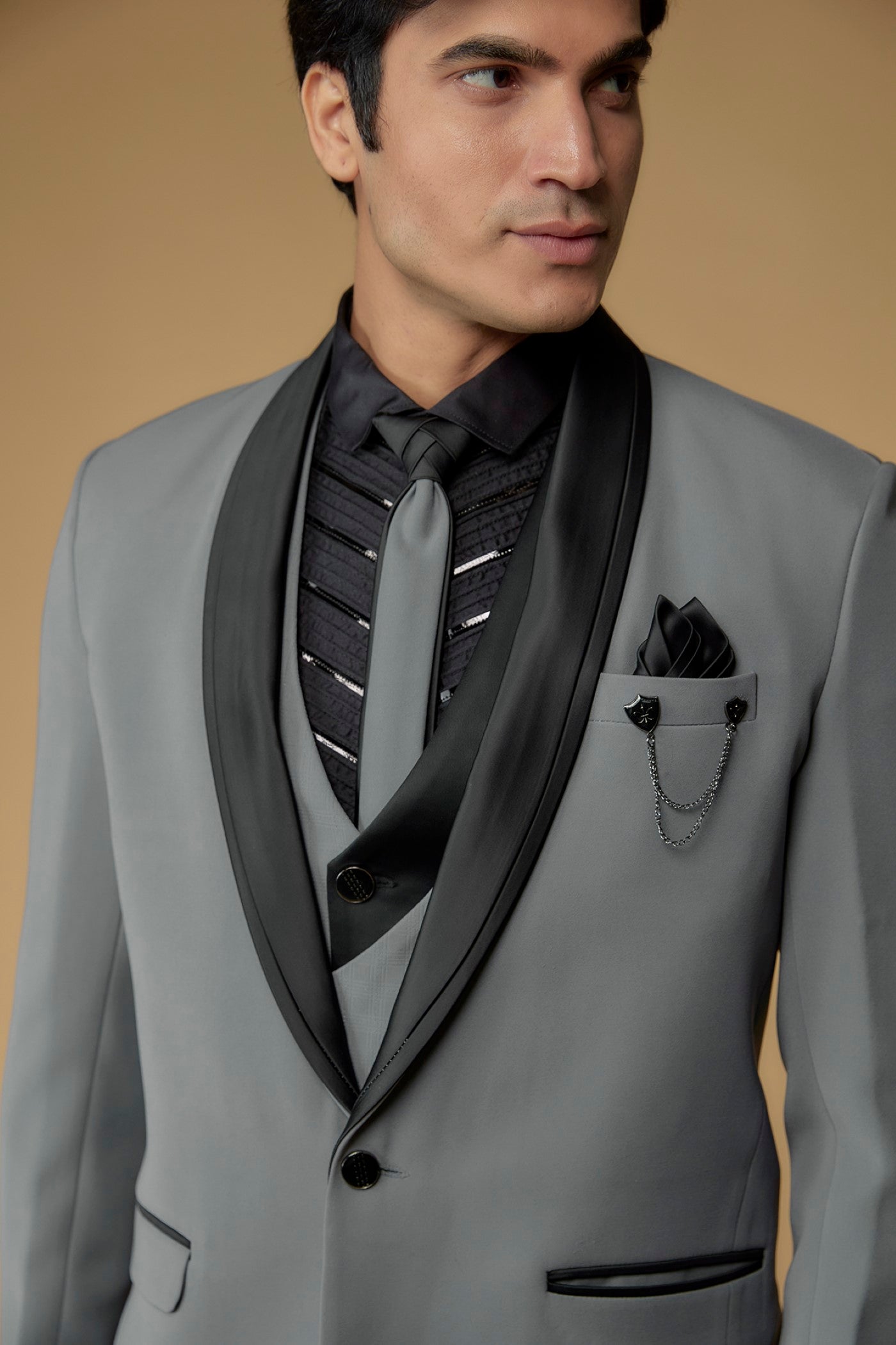 Dusty Grey Japanese Suiting Hand Embroidered Tuxedo Set